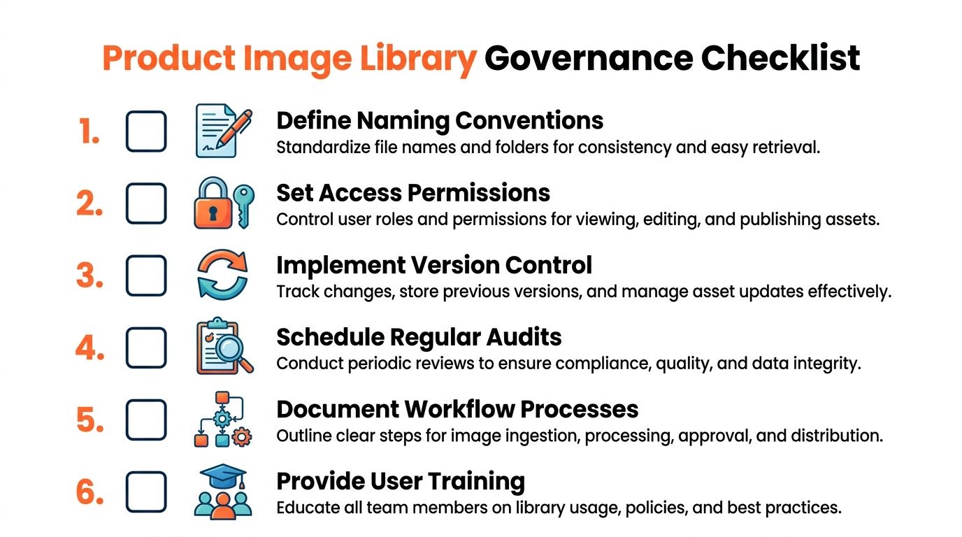 A checklist for product image library governance featuring six steps to manage digital assets effectively.
