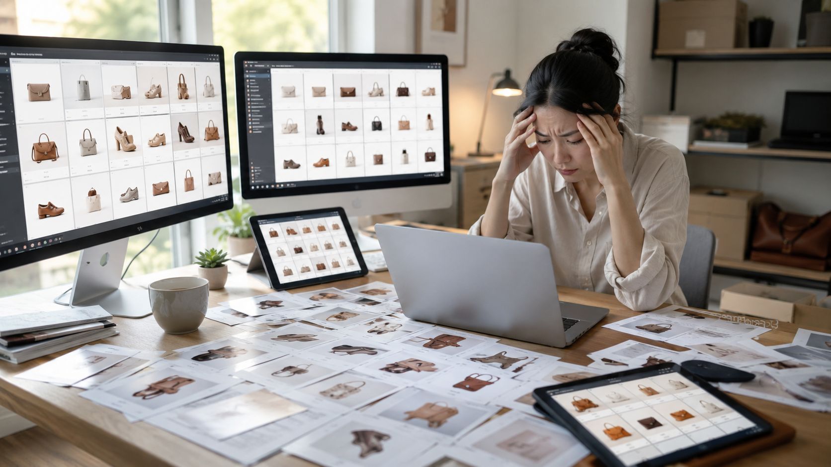 A stressed woman working at her desk, surrounded by numerous handbag product photos and computer screens.