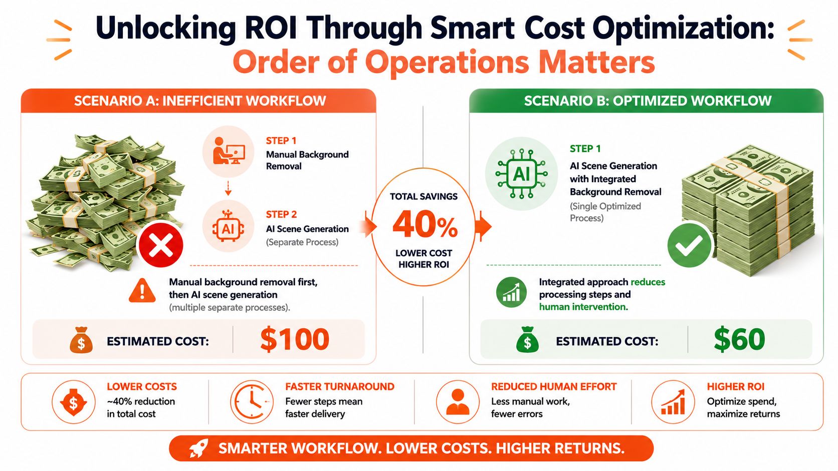 A diagram comparing an inefficient workflow and an optimized AI-powered workflow to illustrate cost savings.