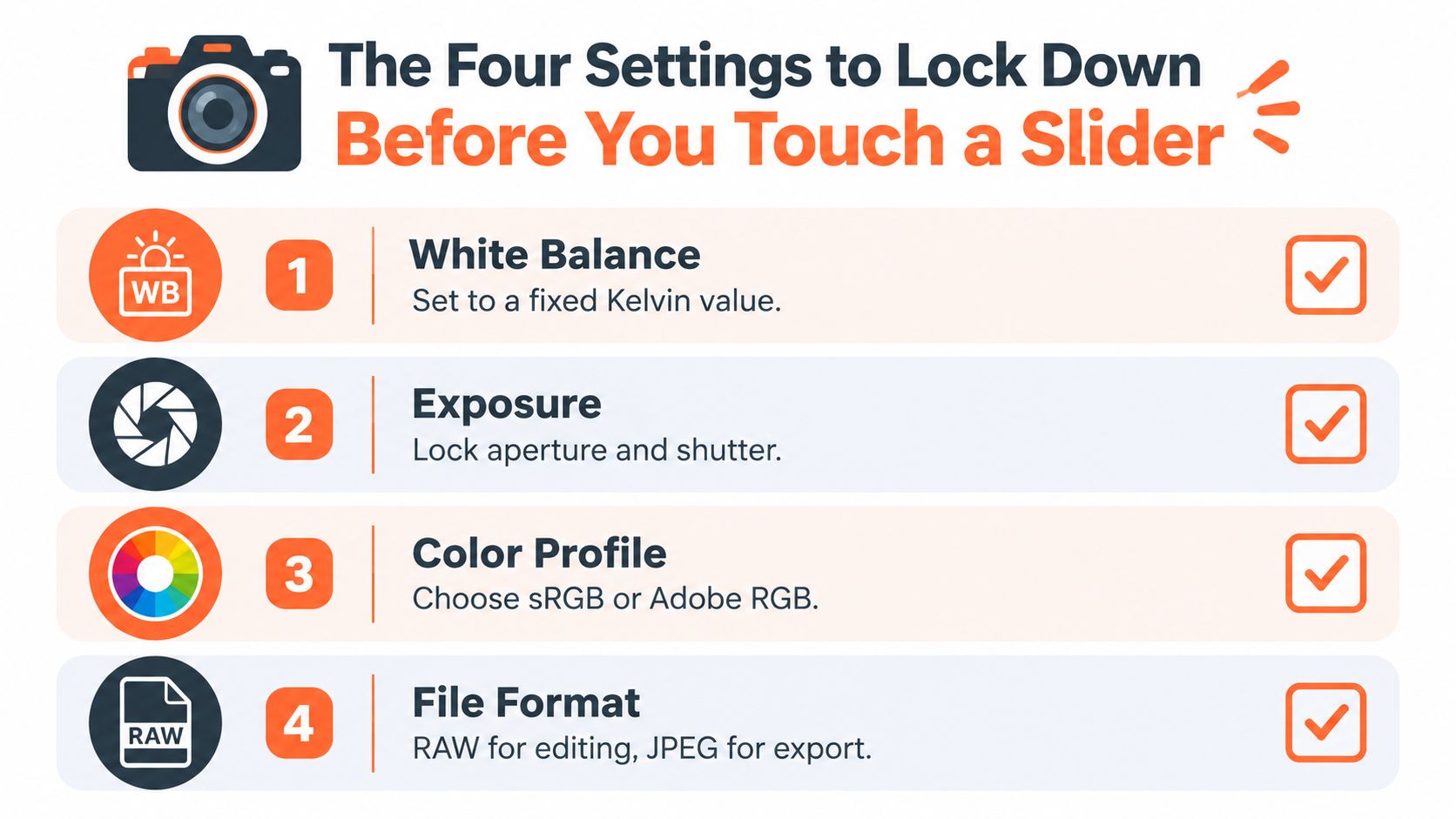 A graphic listing four photography settings to lock down before editing: white balance, exposure, color profile, and file format.