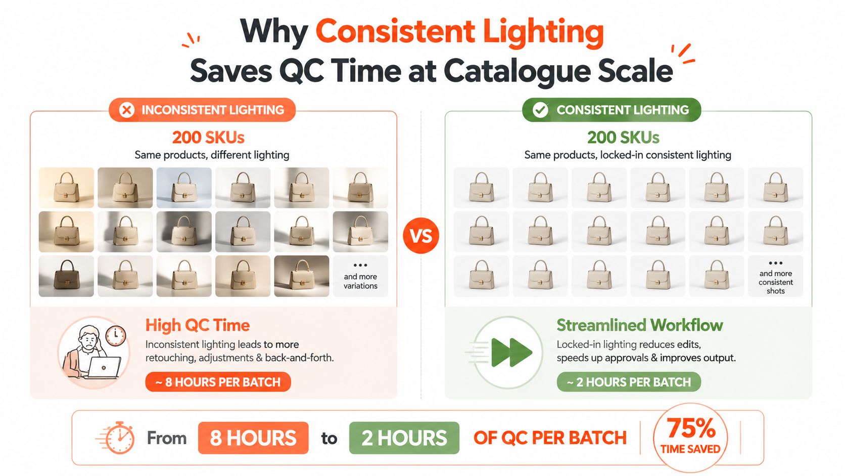 A comparative infographic showing how consistent lighting reduces QC time for product photography in catalogues.