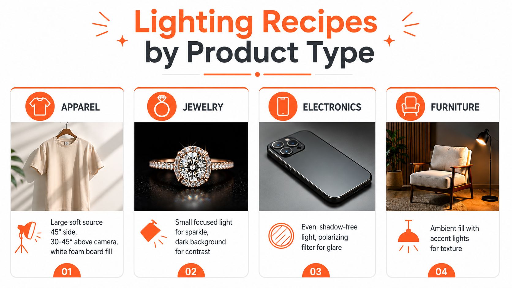 A visual guide showing four product photography lighting setups for apparel, jewelry, electronics, and furniture products.