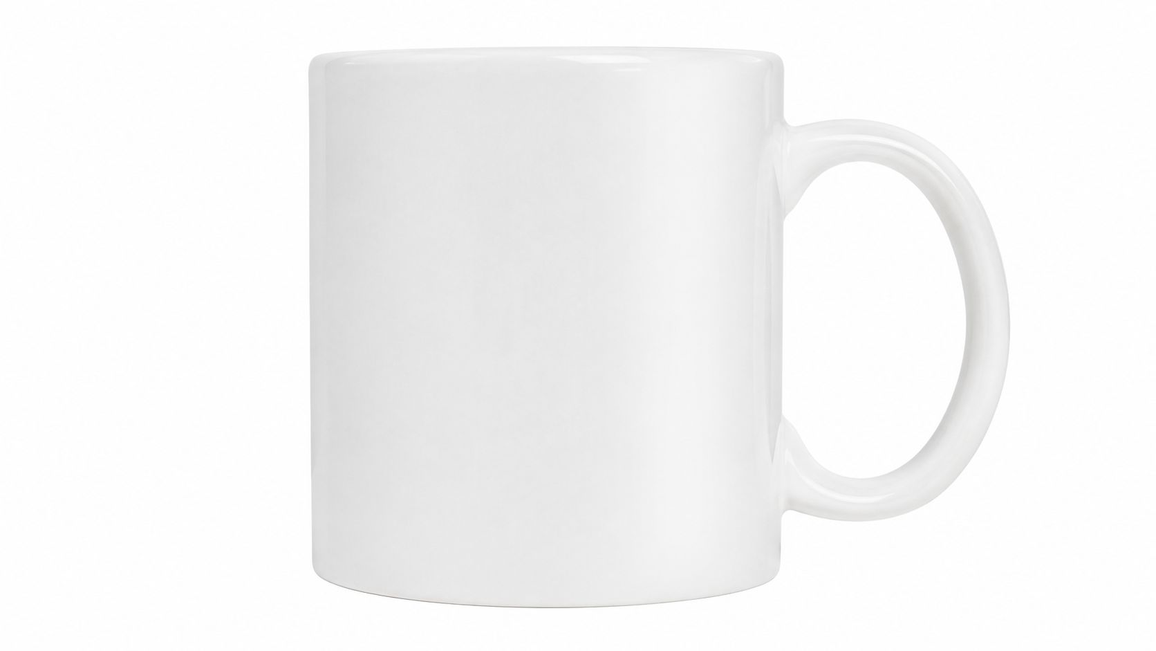 A clean white ceramic mug stands against a solid white background, ideal for product photography mockup projects.
