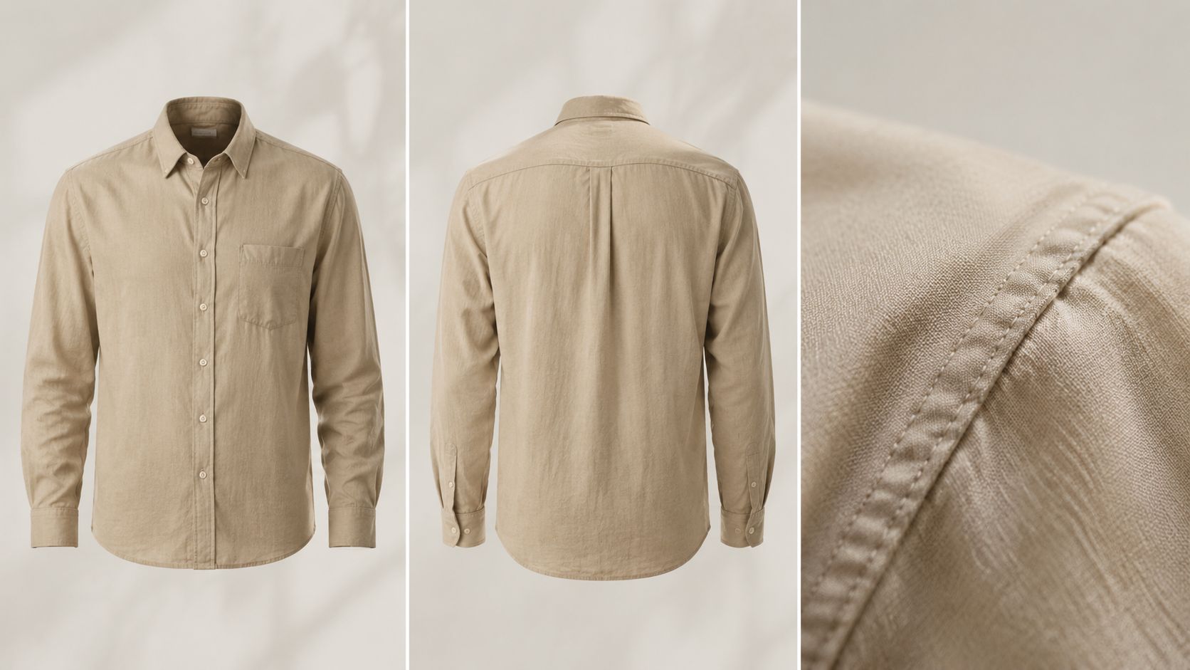 A beige long-sleeved linen button-down shirt displayed from the front, back, and a close-up fabric view.
