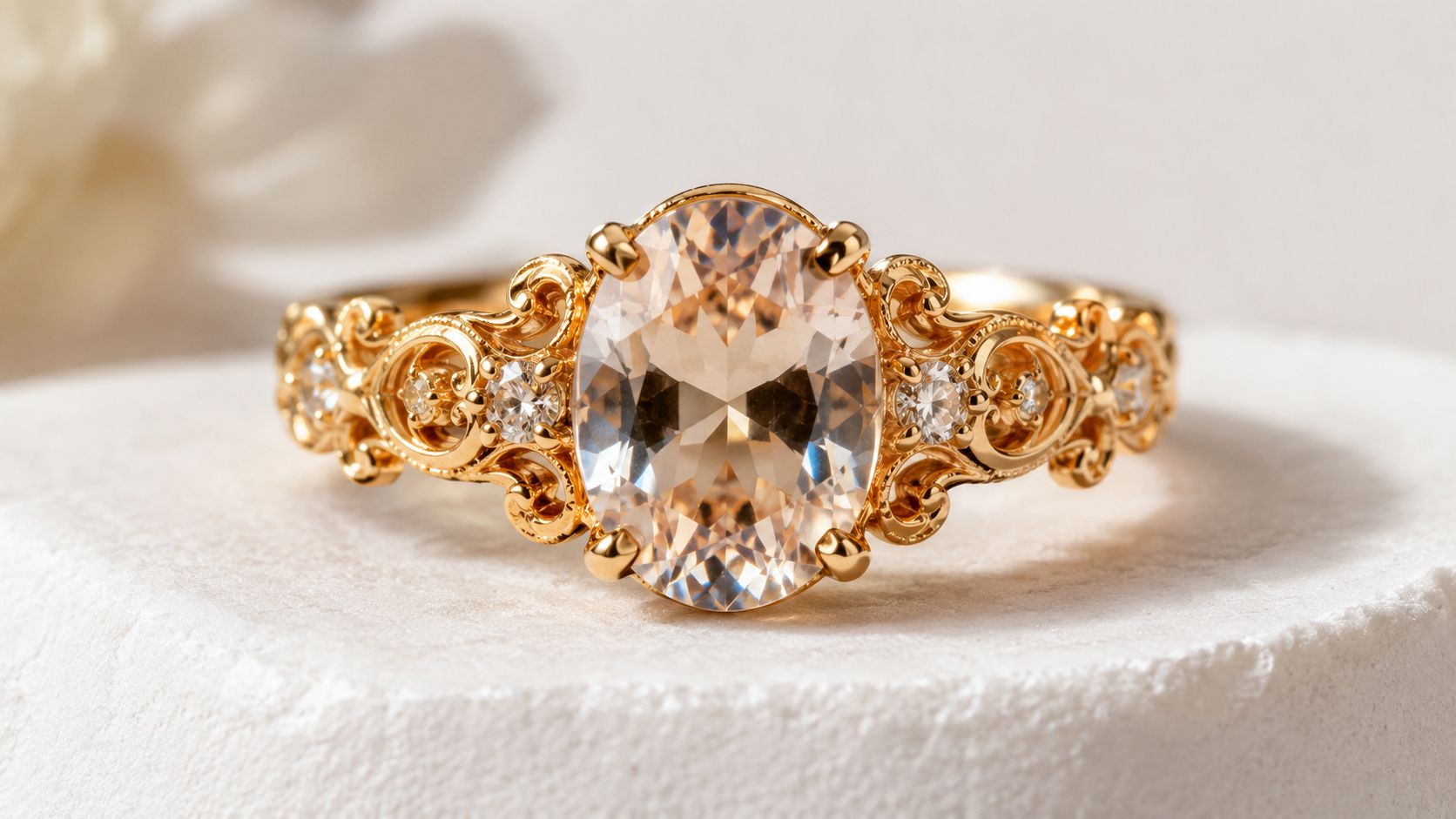 A close-up studio shot of a gold oval-cut gemstone ring with intricate vintage filigree detailing.