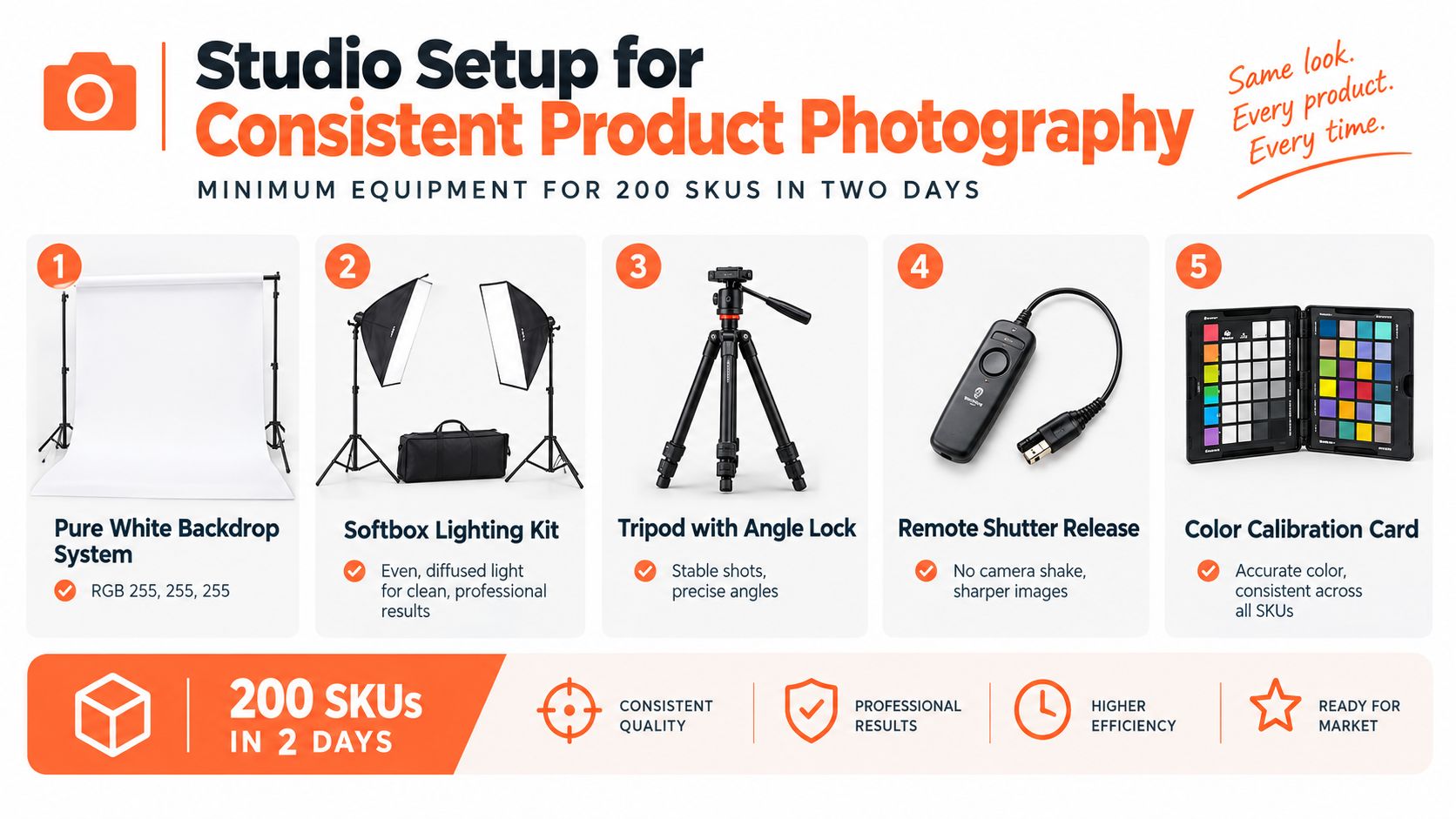 A studio setup guide showing five essential pieces of equipment needed for consistent product photography.