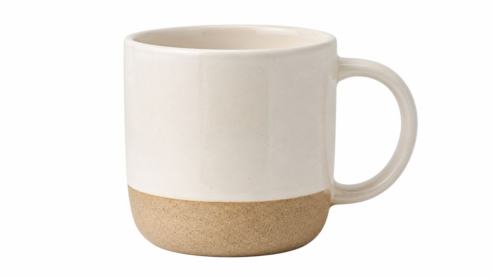 A modern two-toned ceramic coffee mug with a glossy white top and an unglazed textured tan base.