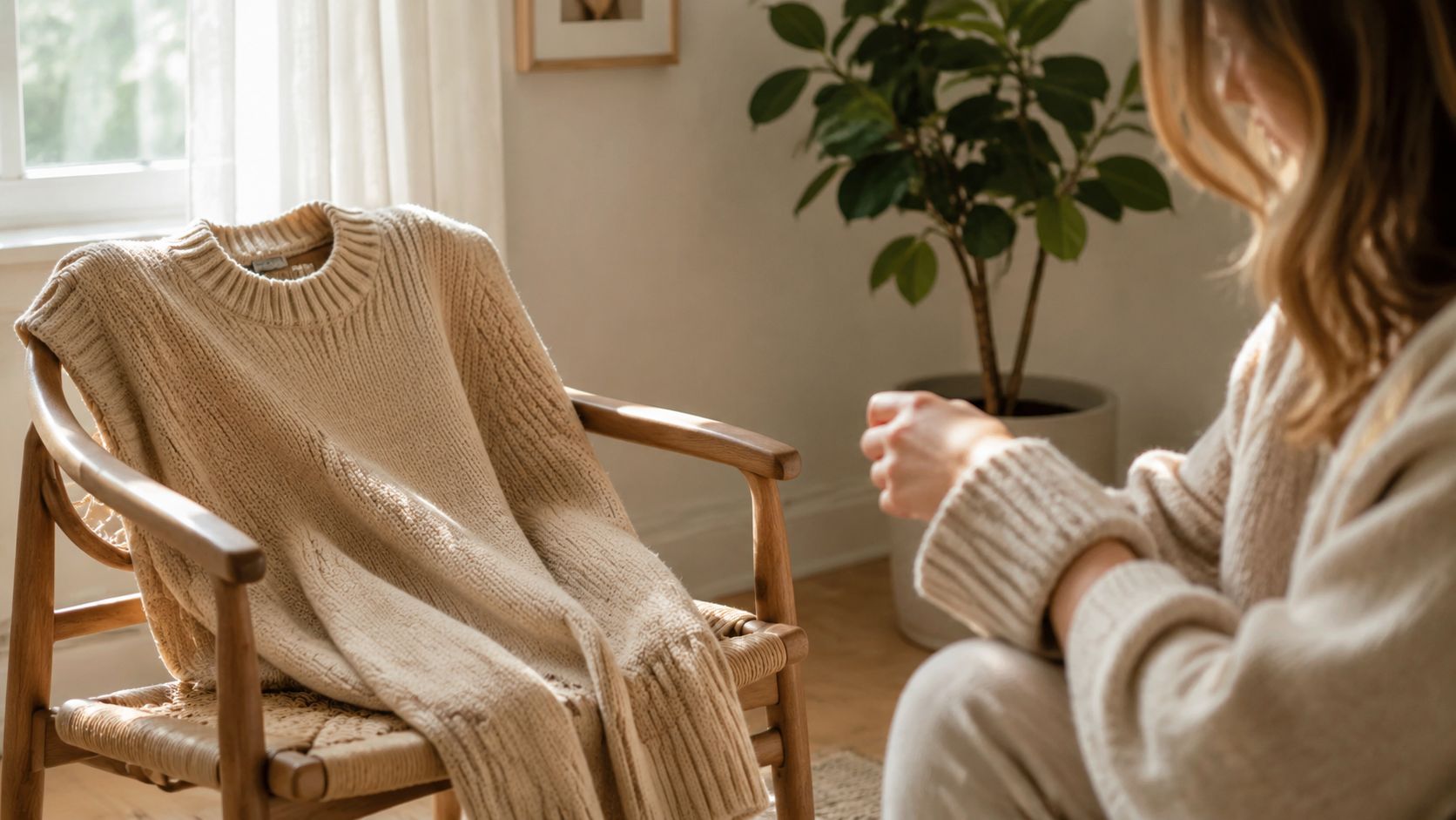 A cozy, neutral-toned beige knitted sweater rests on a wooden armchair beside a lush indoor plant.