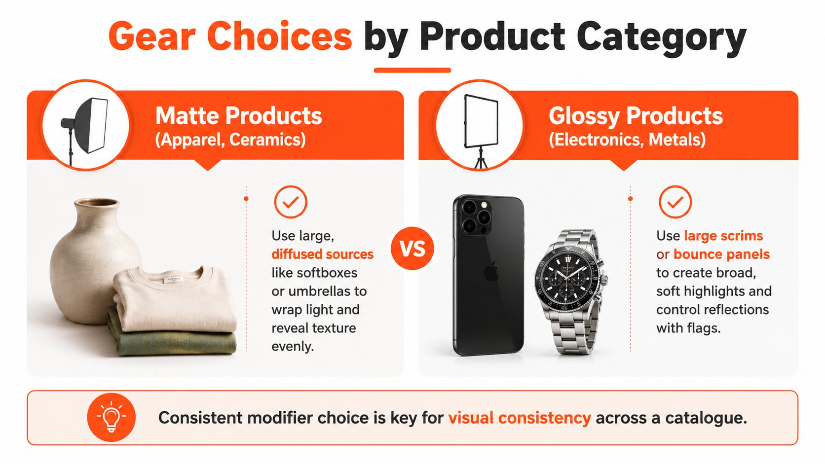 An infographic showing lighting gear choices for photographing matte versus glossy products in a studio.