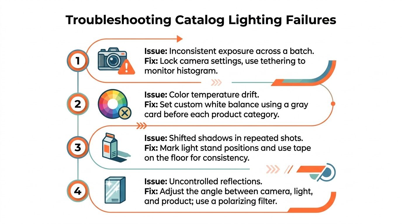 A four-step infographic illustrating troubleshooting techniques for common lighting failures during professional product catalog photography sessions.