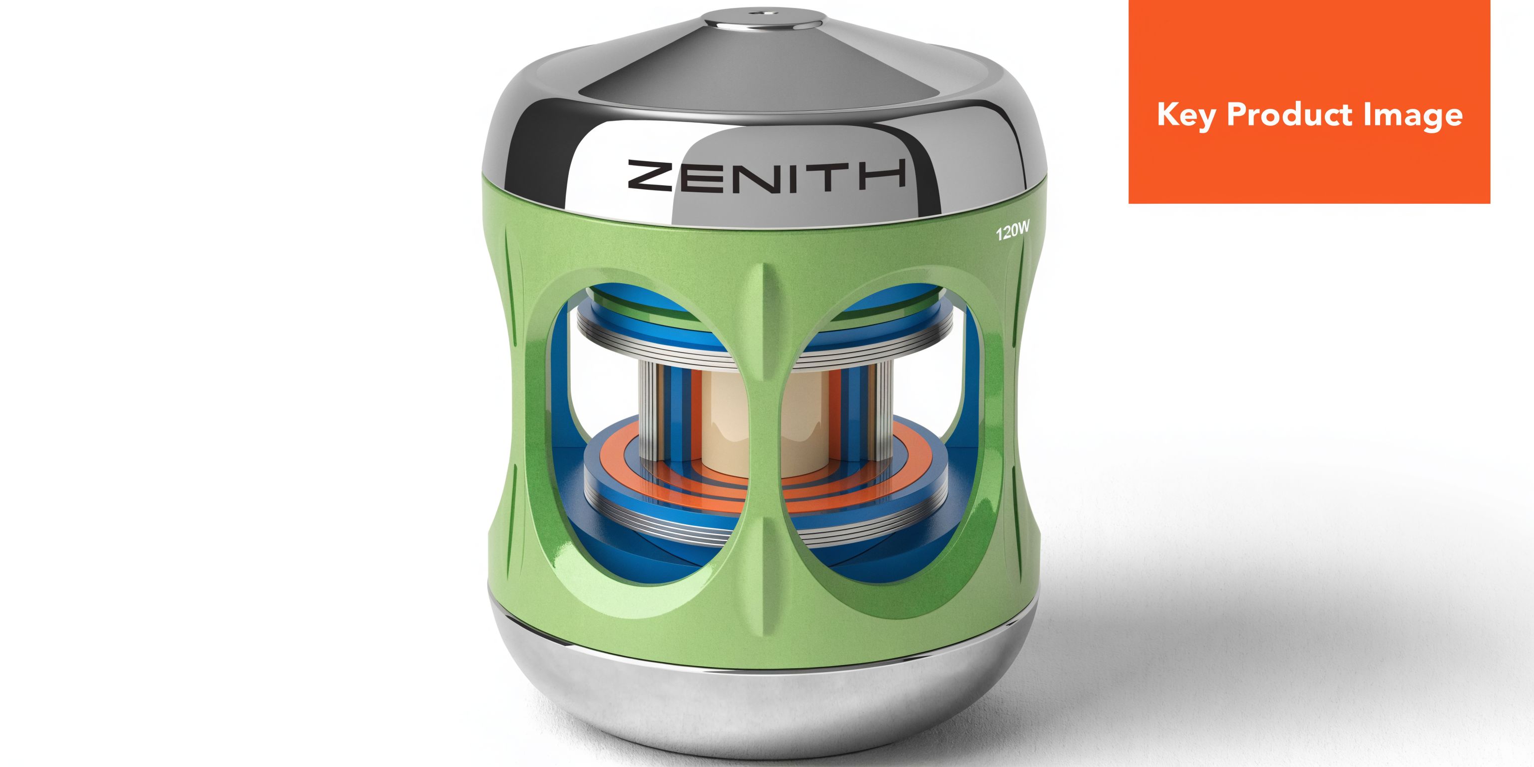 A professional product studio shot of a 120W Zenith device featuring a green and metallic design.