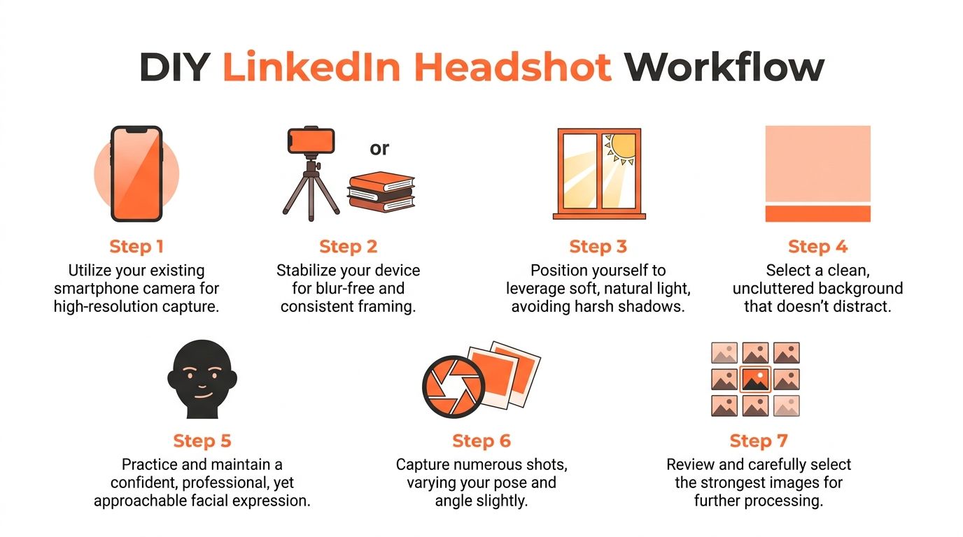 An infographic illustrating a seven step DIY workflow for taking professional LinkedIn headshots using a smartphone.