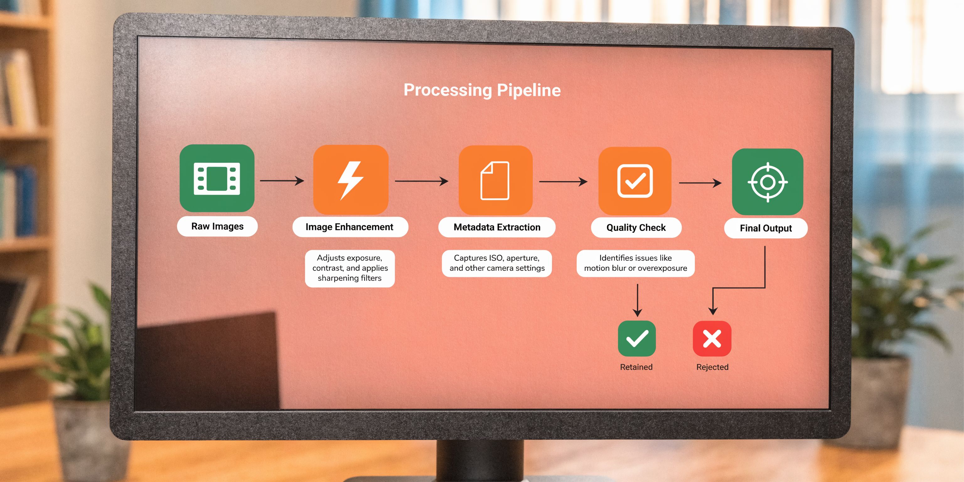 A digital flowchart on a computer screen illustrating the five-step image processing pipeline for professional photography.