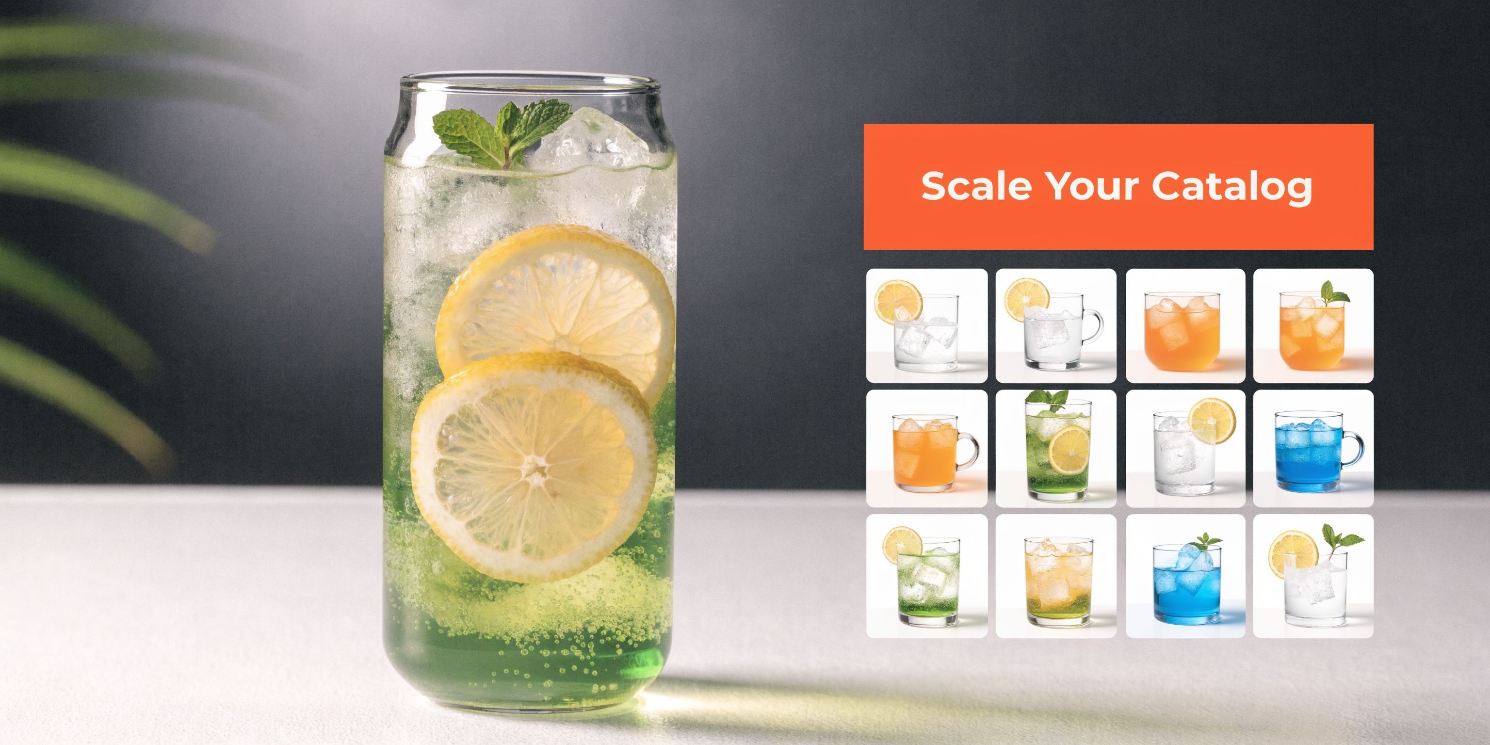 A refreshing green lime drink in a tall can-shaped glass beside a grid of various cocktail variations.