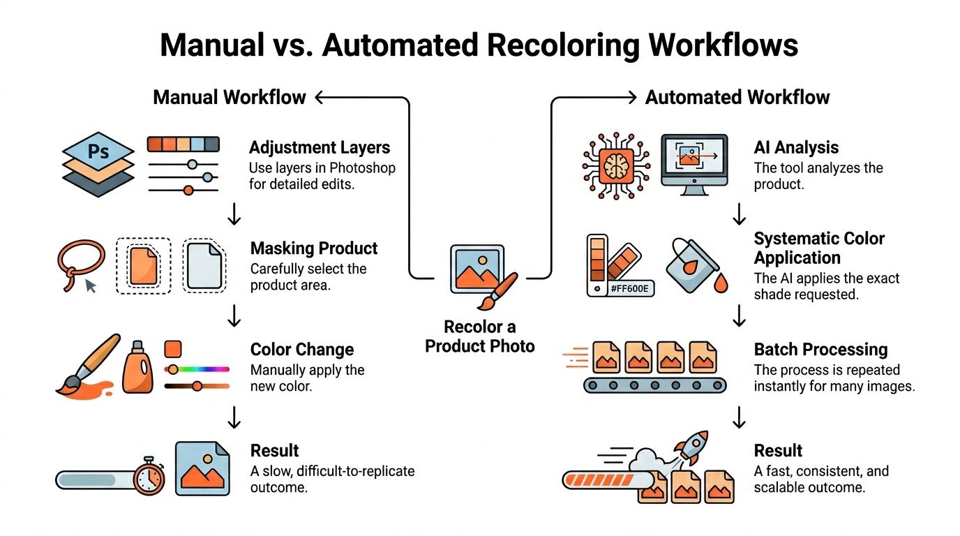 A comparison infographic between manual and automated recoloring workflows for product photography editing.