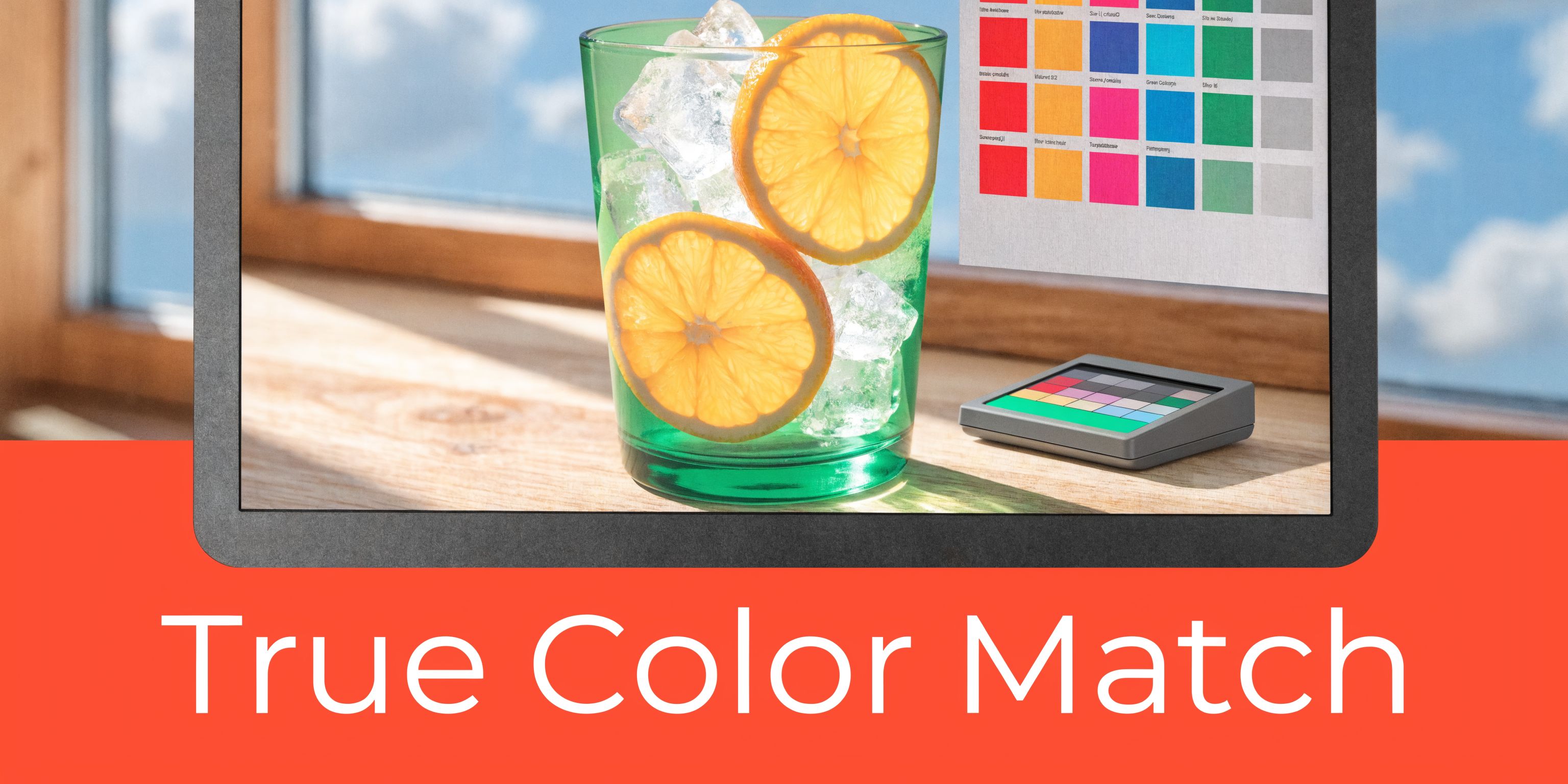 A digital screen displays a vibrant drink with orange slices next to color calibration charts.
