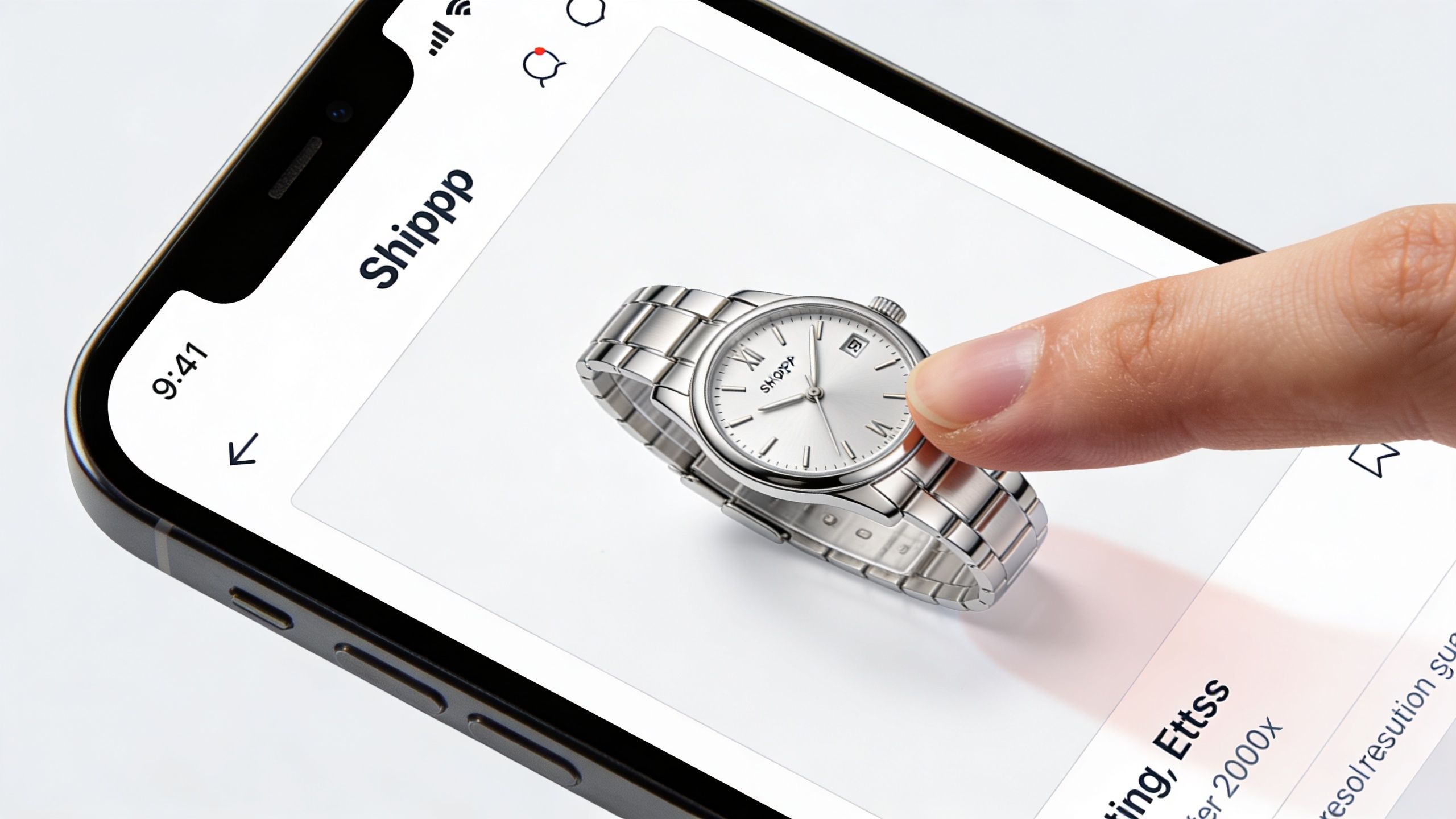 A close-up of a finger touching a digital watch image on an iPhone screen interface