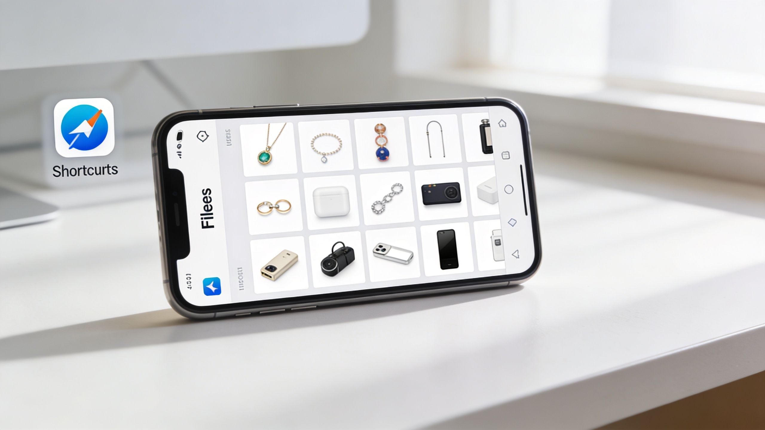 An iPhone displayed on a desk with a grid of images in an app called Filees.