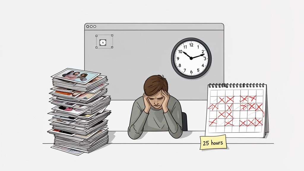 Overwhelmed person at desk with many photos, a computer, and a marked calendar, indicating a lengthy editing task.