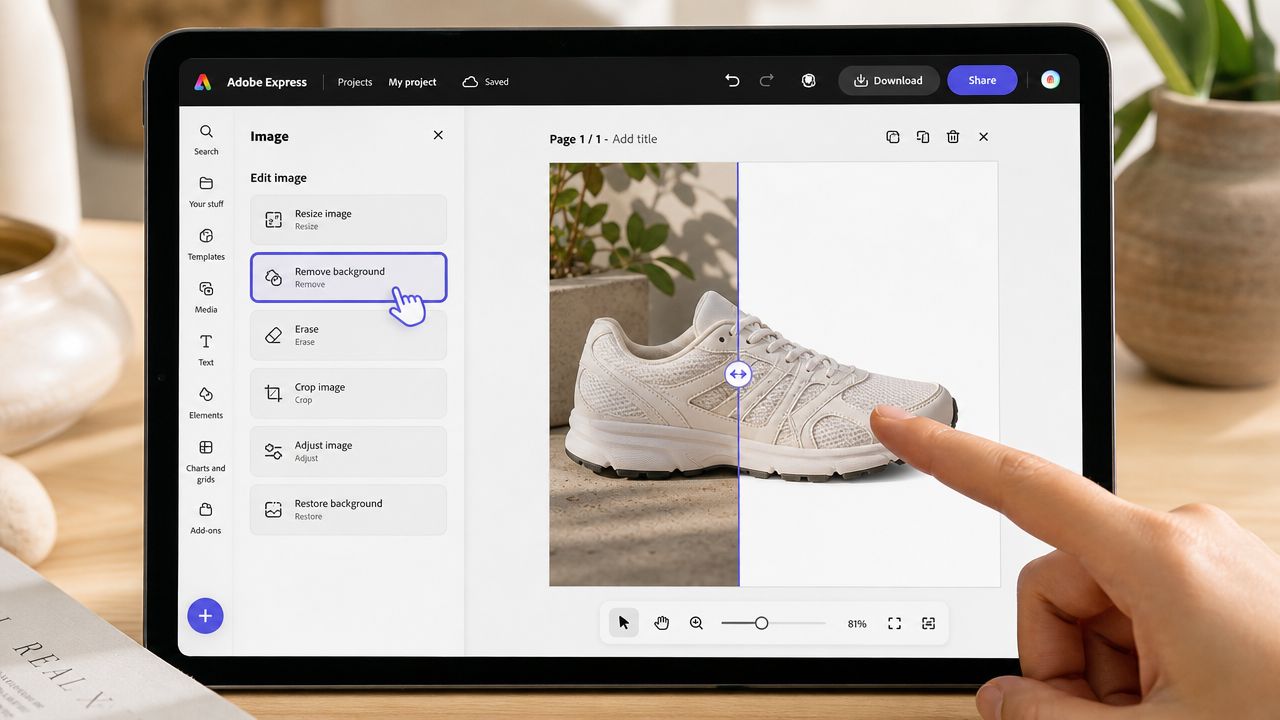 A tablet screen displaying Adobe Express with the Remove Background tool selected to edit a sneaker image.