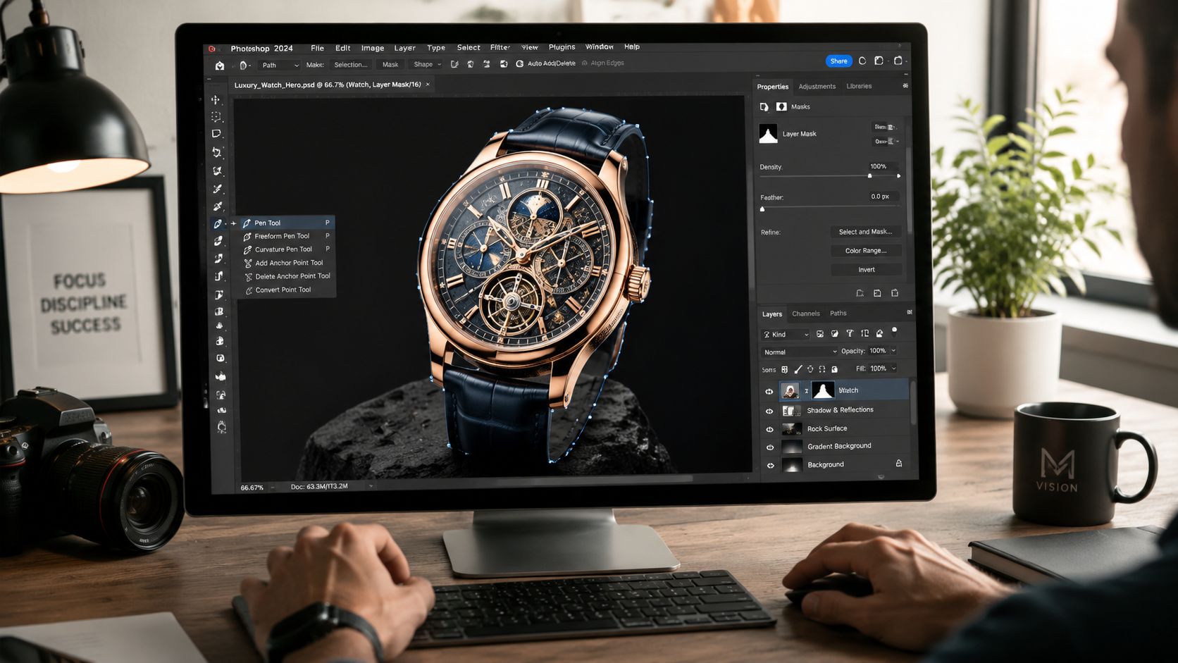 A graphic designer editing a luxury watch photo using the pen tool in Adobe Photoshop on a computer.