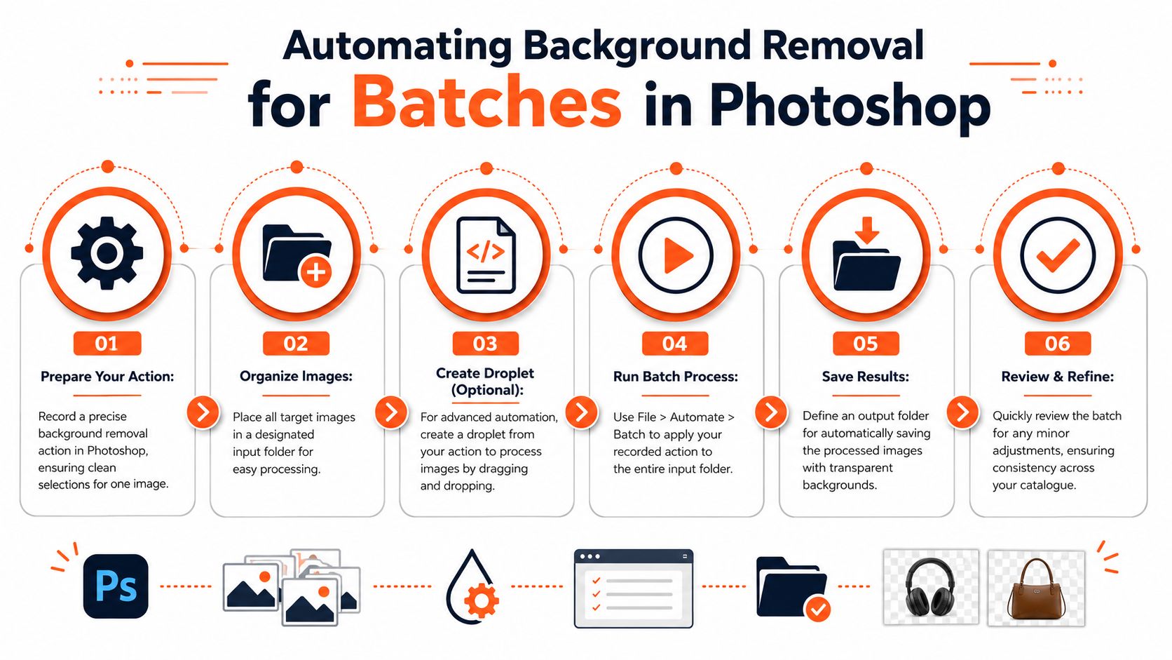 A six-step infographic guide detailing the workflow for automating background removal in Adobe Photoshop for image batches.
