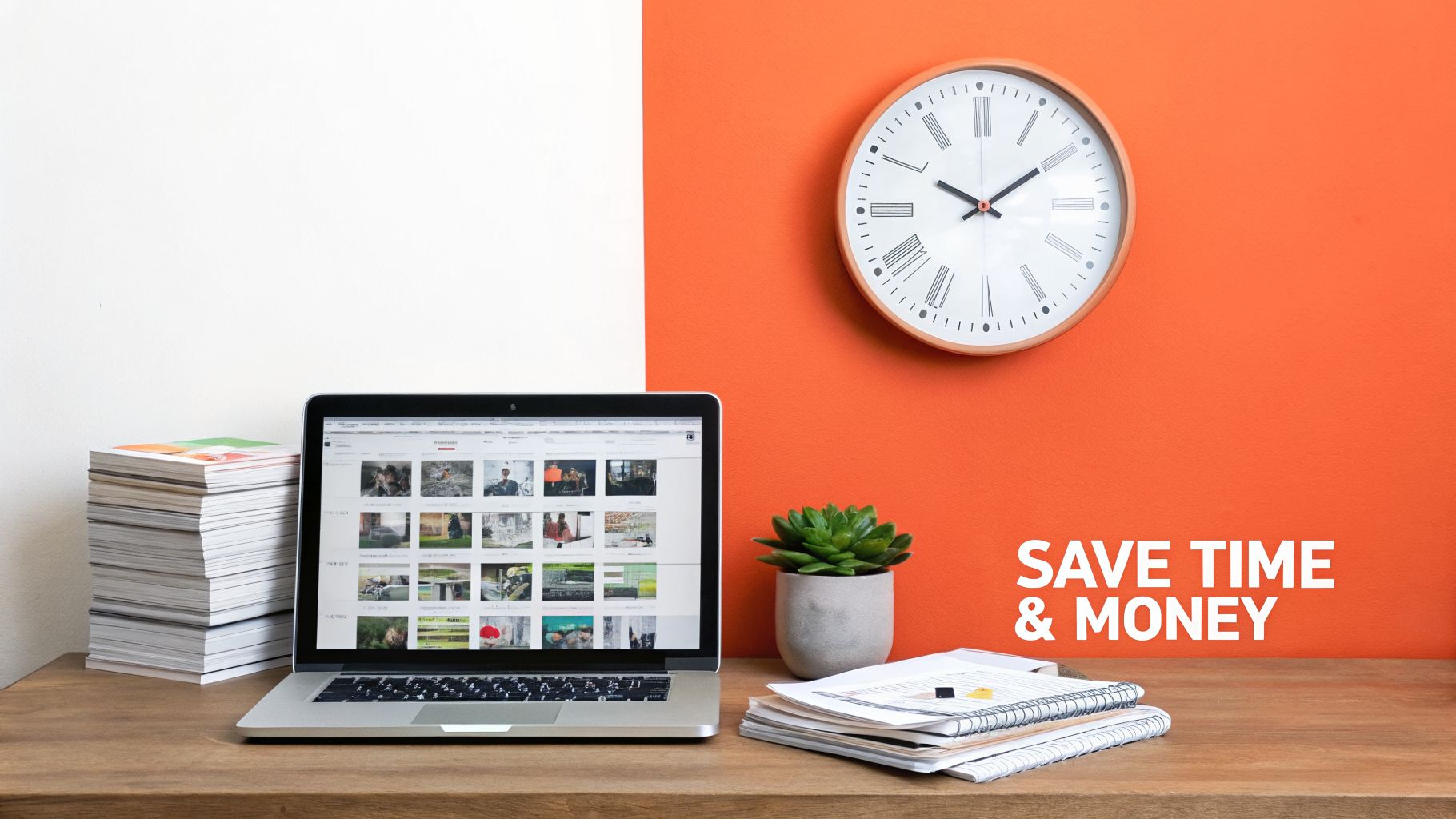 A tidy desk with a laptop, books, and succulent, against a white and orange wall with a clock and promotional text.