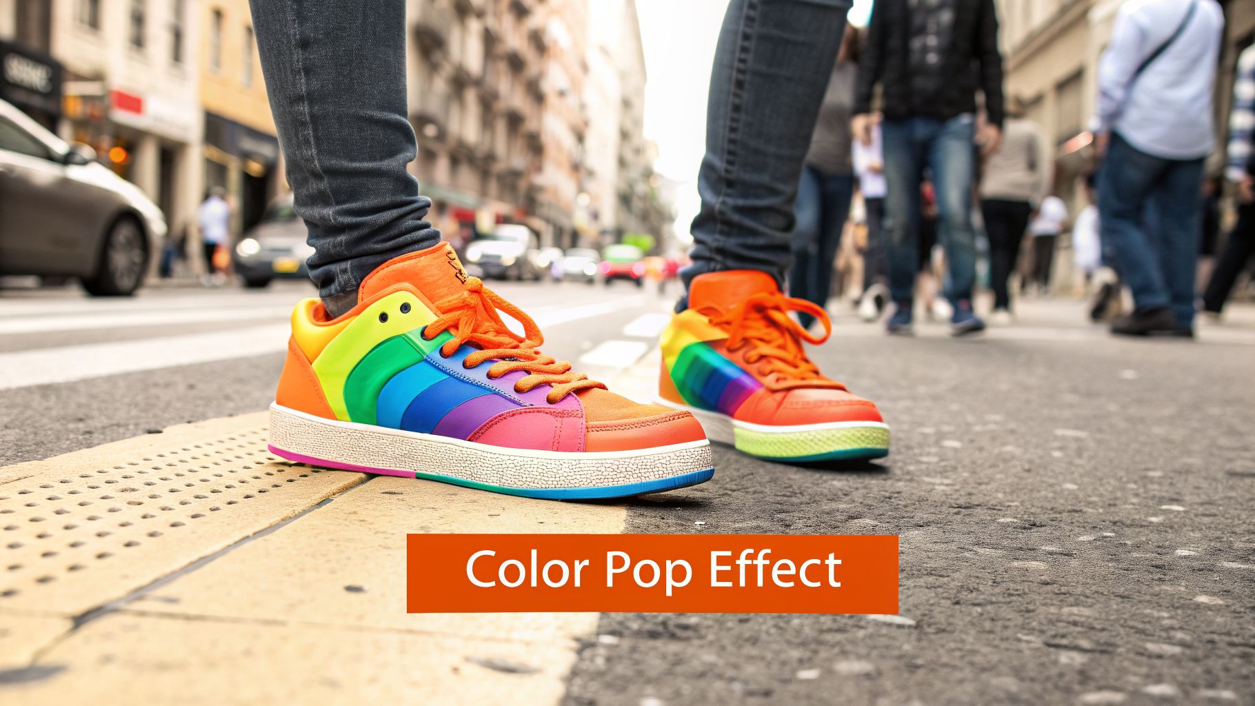 Close-up of a person's feet wearing vibrant rainbow sneakers on a busy city street.