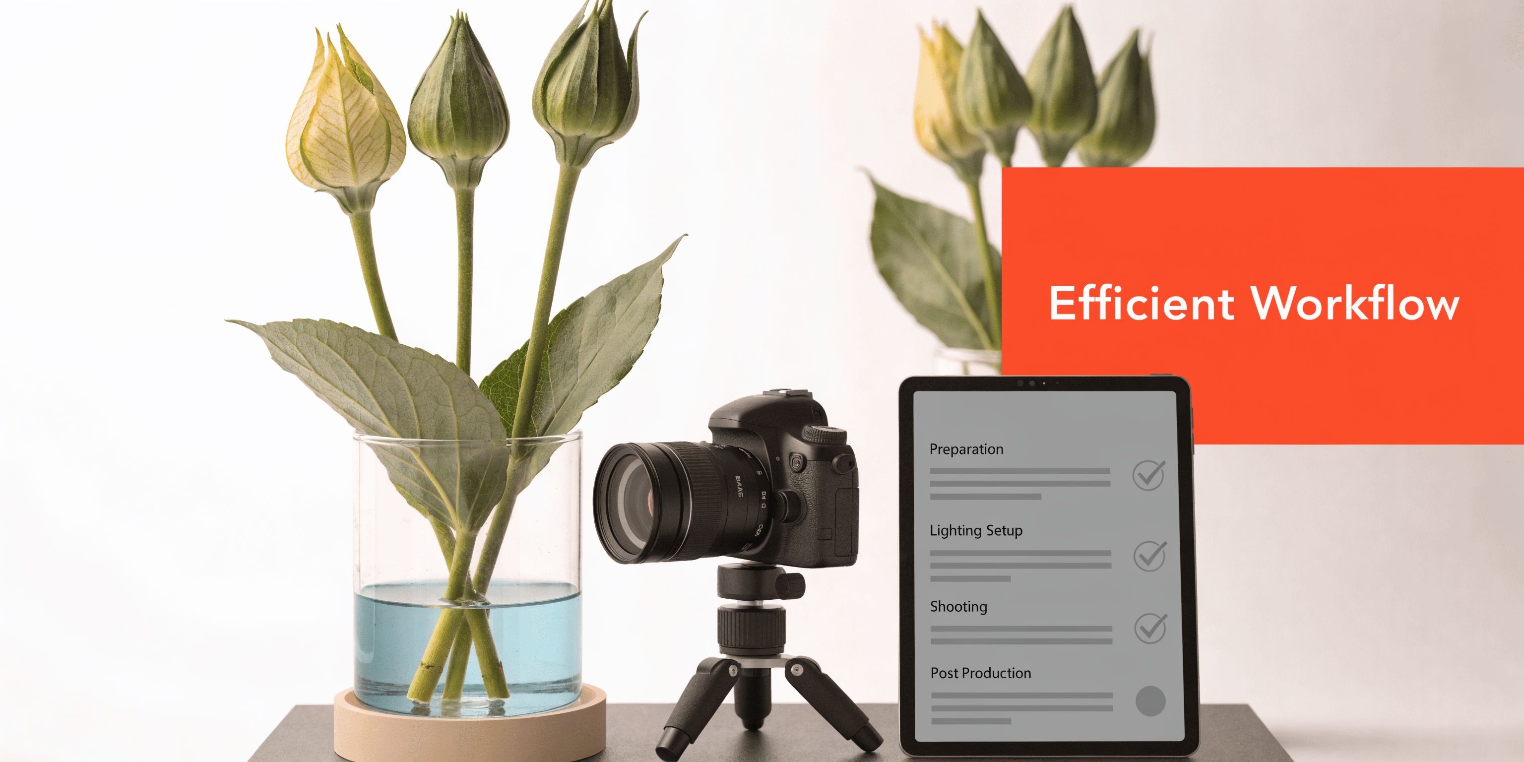 A professional camera and tablet showing a workflow checklist placed next to a vase with flowers.