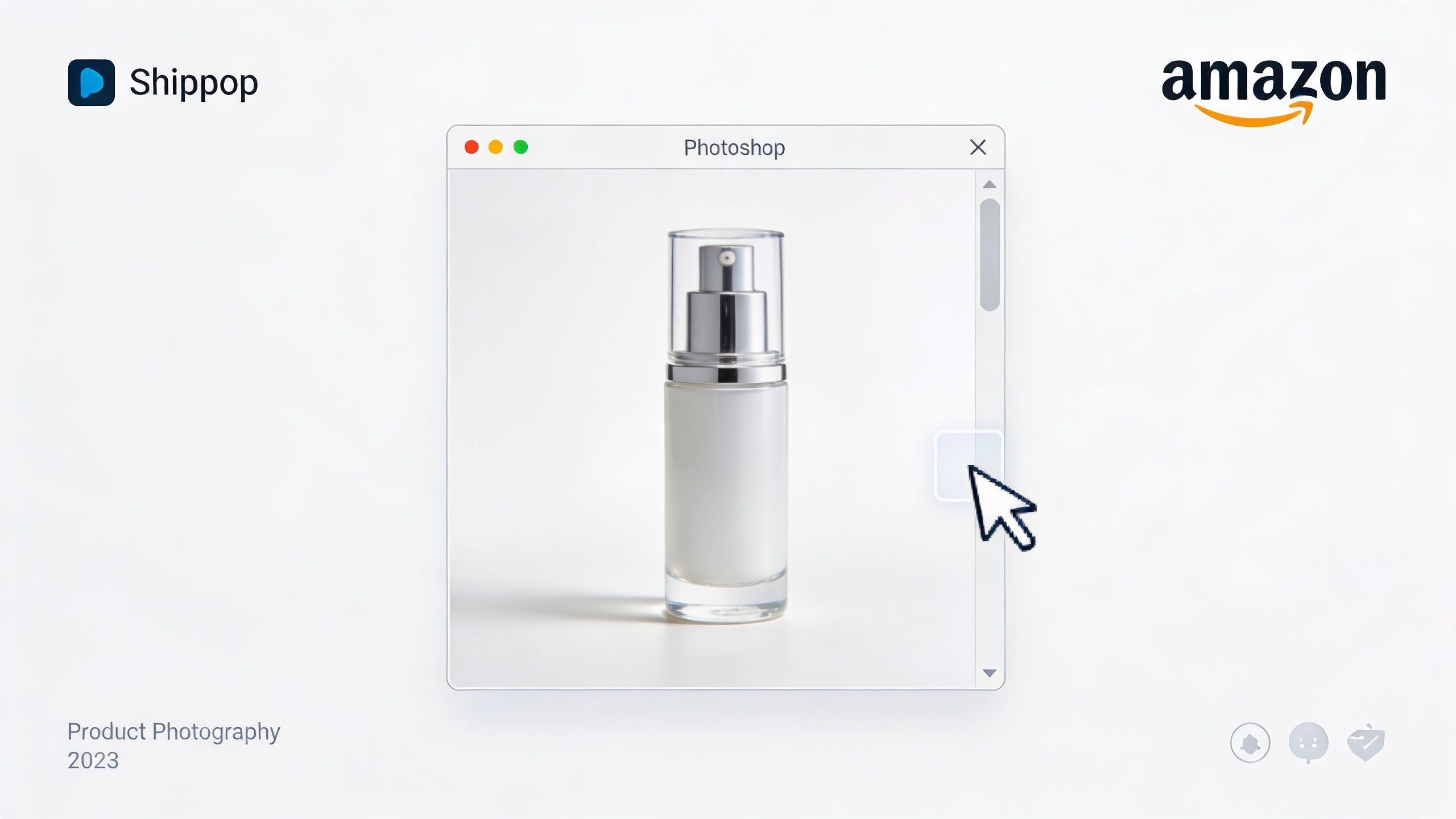 A graphic showing a cosmetic spray bottle being edited inside a simulated Adobe Photoshop interface window.
