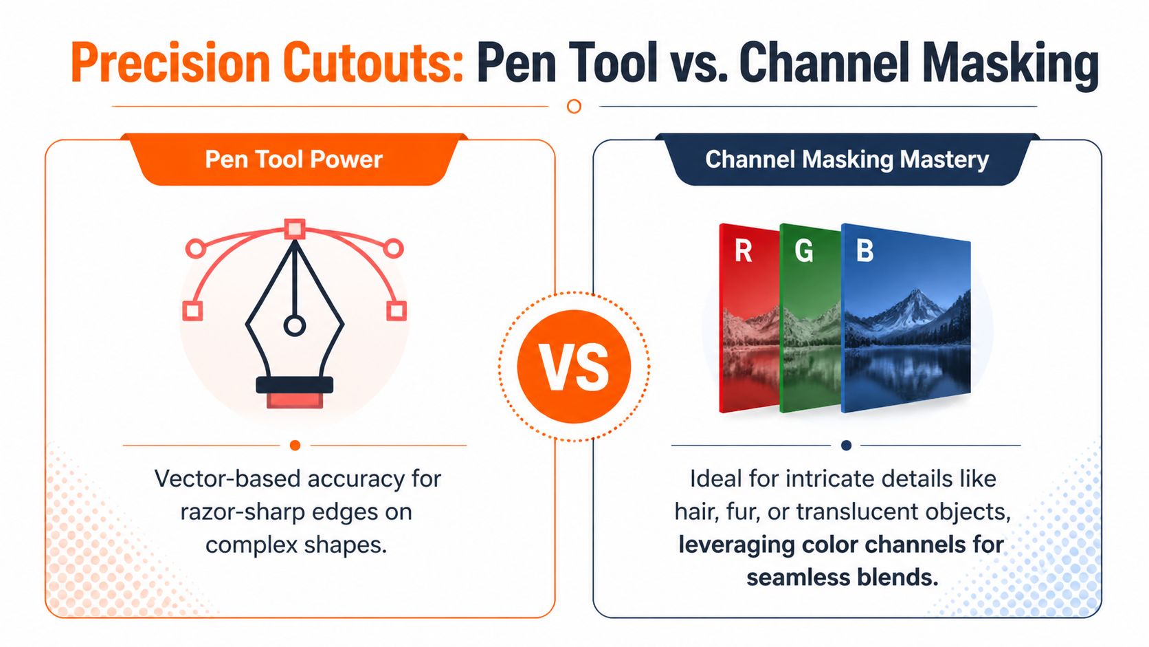 An infographic comparing the Pen Tool and Channel Masking techniques for image cutouts in graphic design.