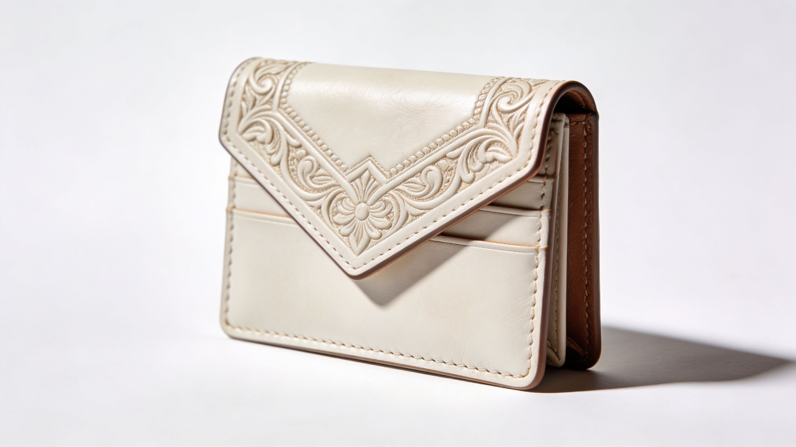 A sophisticated cream-colored leather envelope wallet featuring intricate floral tooling on a plain white background.