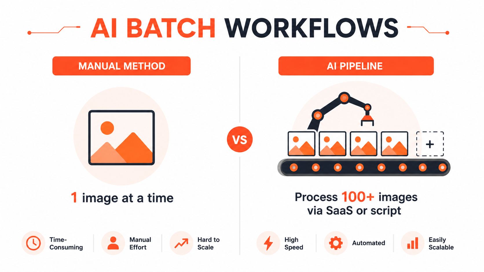 A comparison graphic showing manual image processing versus automated AI pipeline batch processing for images.