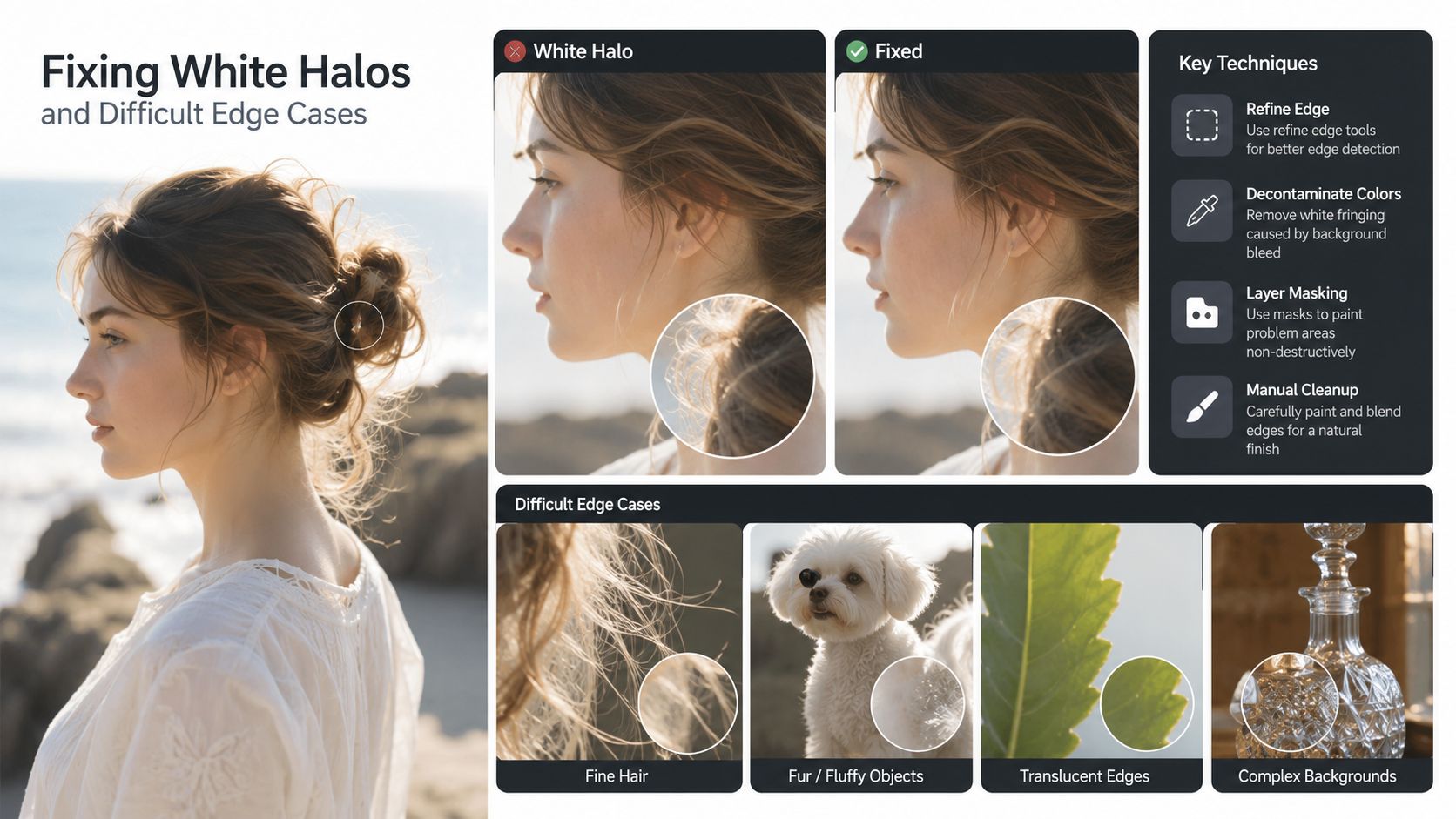 An infographic showing before and after examples of fixing white halos in image cutouts using professional editing techniques.