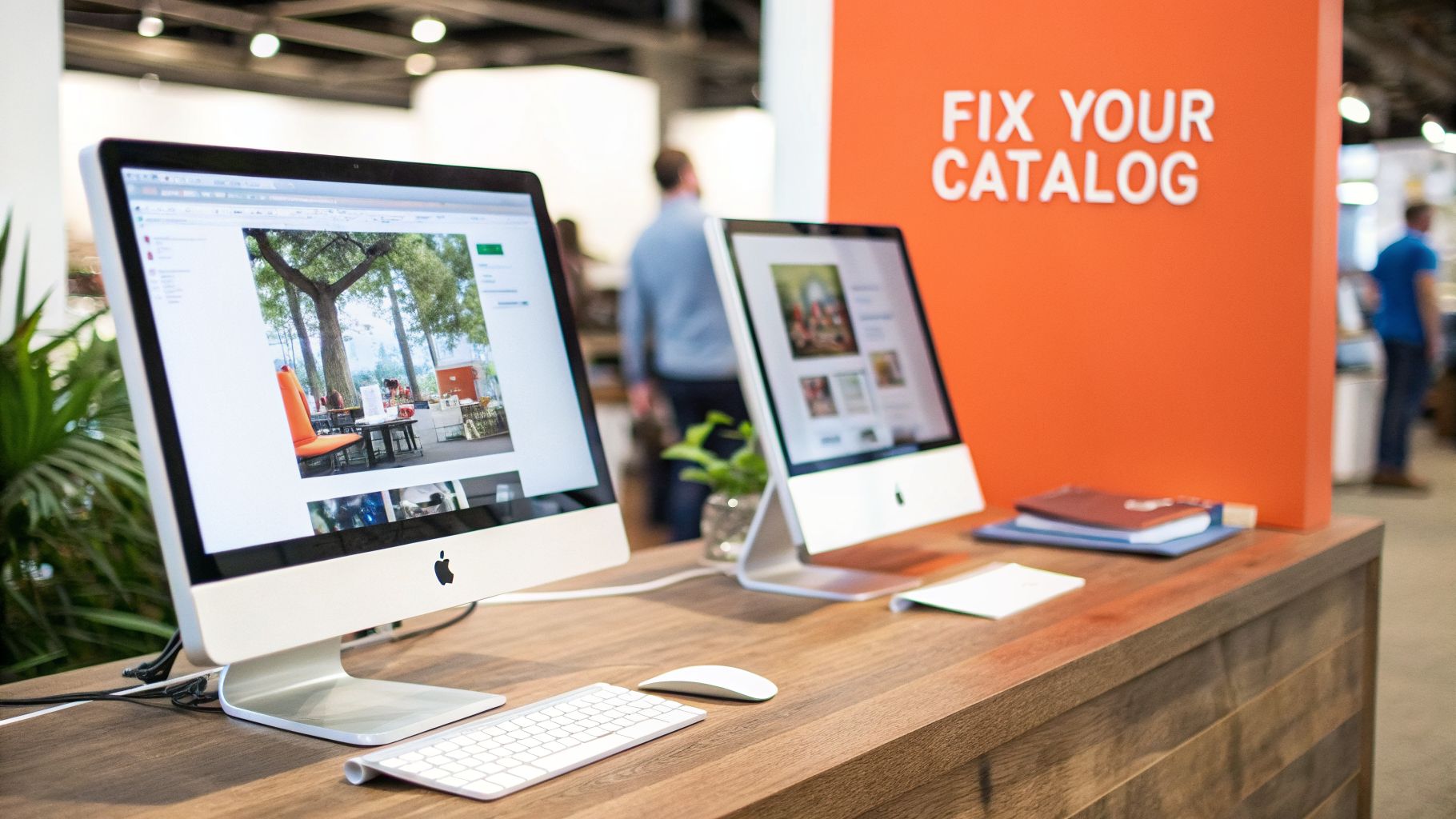Two Apple iMac computers on a wooden desk, with an orange 'FIX YOUR CATALOG' sign.