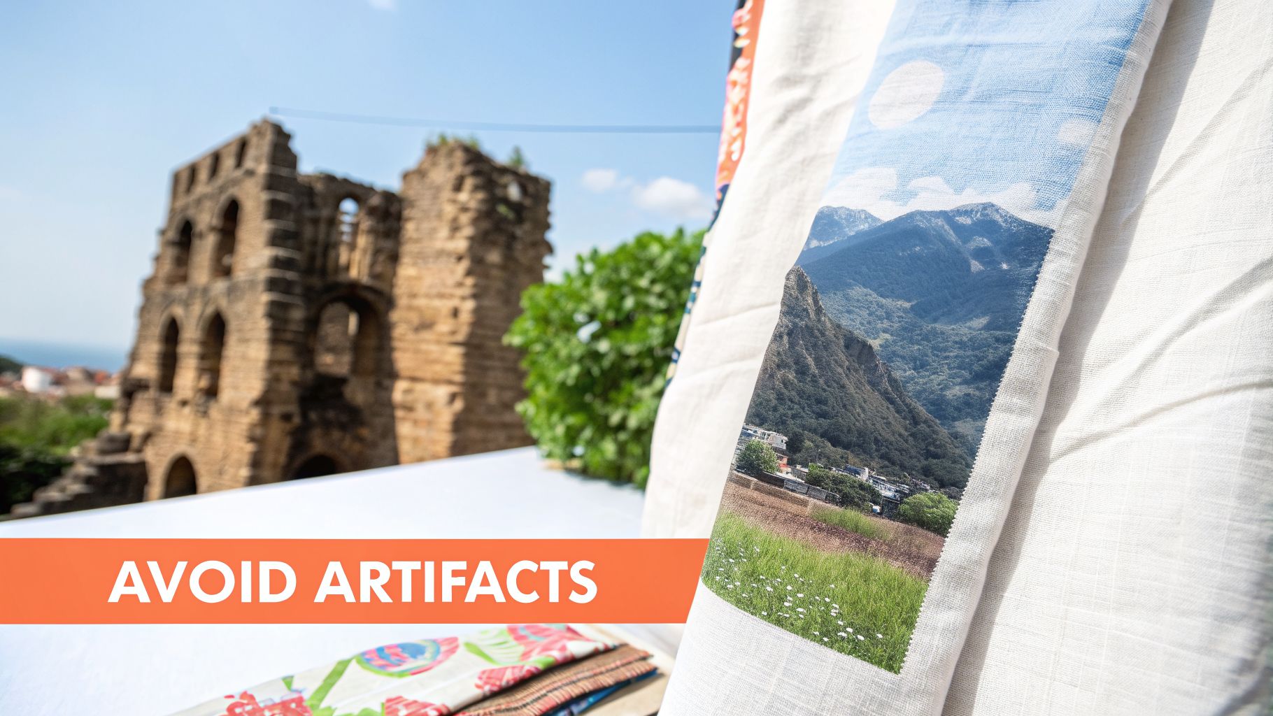A detailed textile featuring mountains and a town, with blurred ancient ruins and greenery in the background.