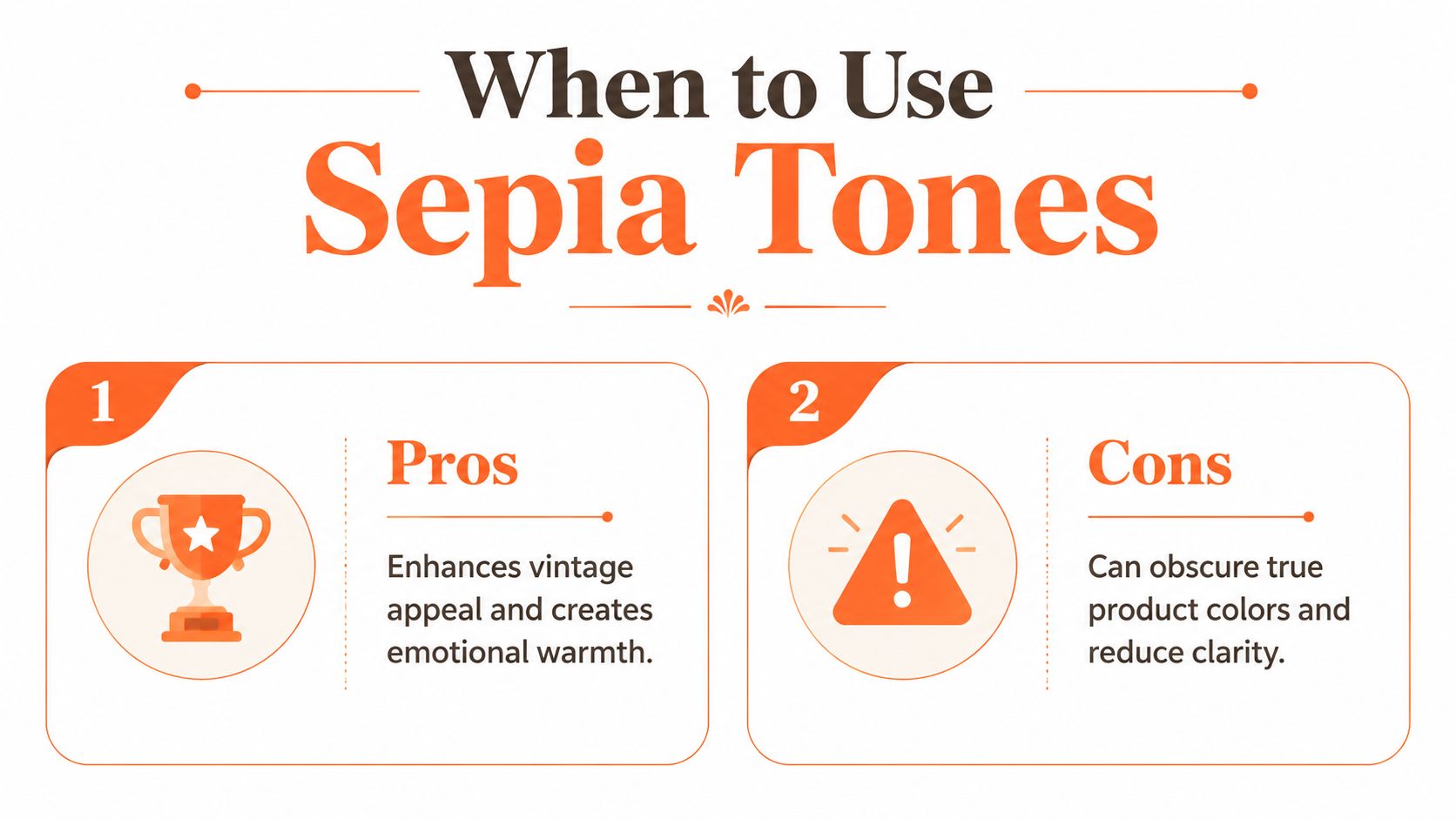 A graphic illustration detailing the pros and cons of using sepia tones in photography and design.