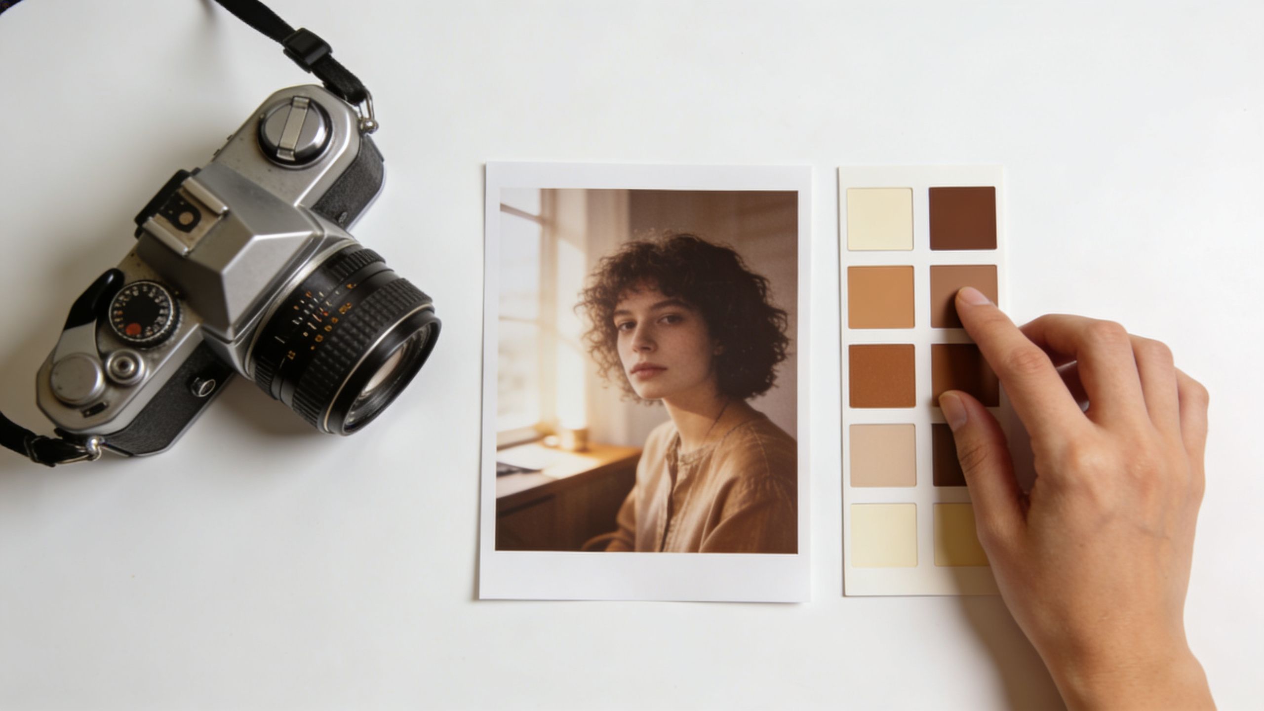 A vintage camera next to a portrait photograph and a hand holding a skin tone color palette.