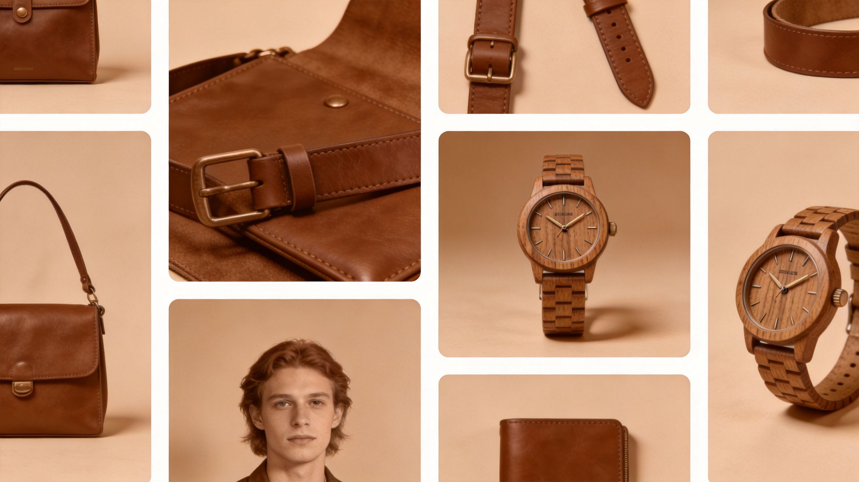 A collage showing various brown leather accessories, wooden watches, and a model with sepia tones.