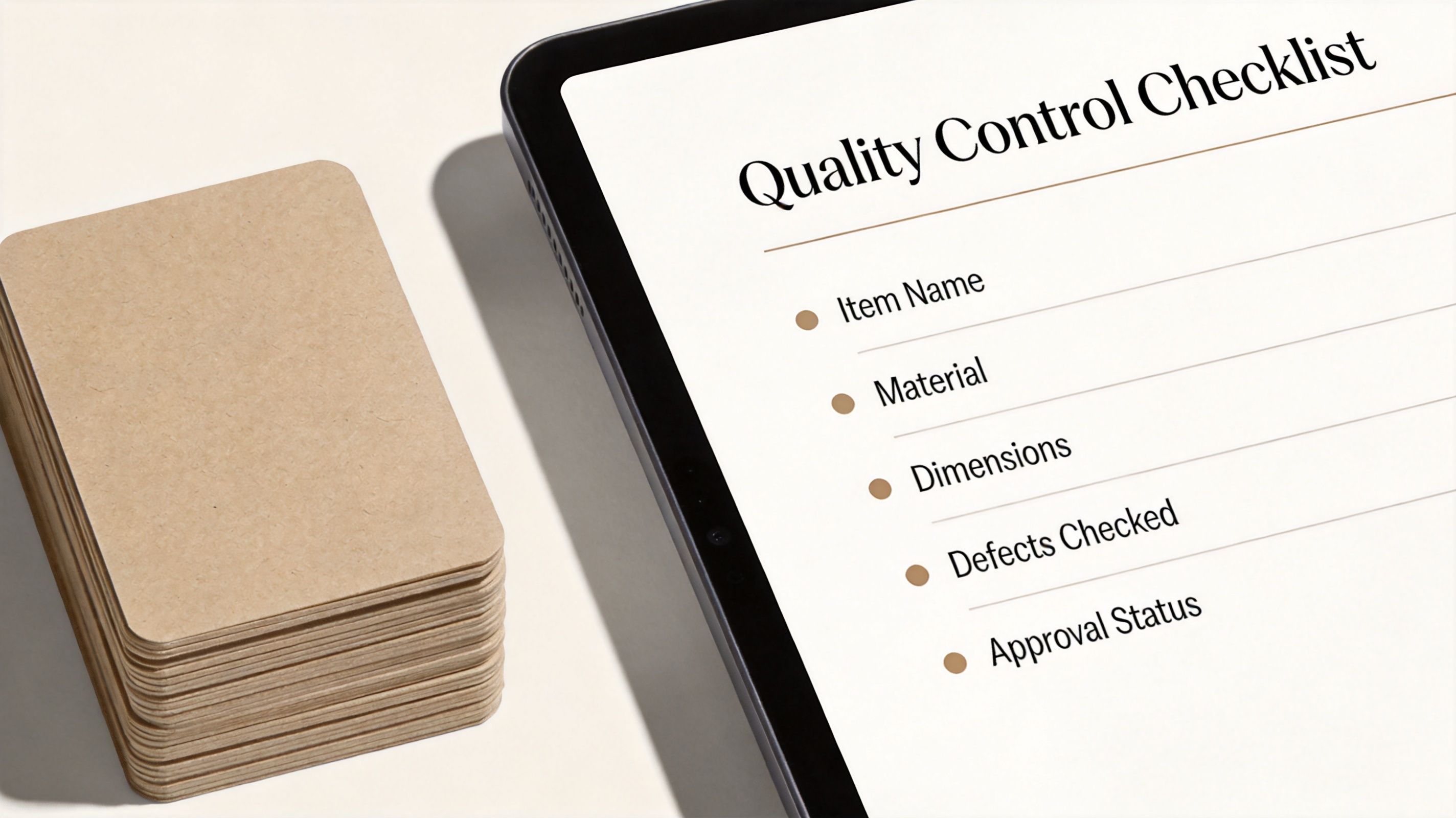 A stack of blank brown paper cards beside a tablet showing a digital quality control checklist.
