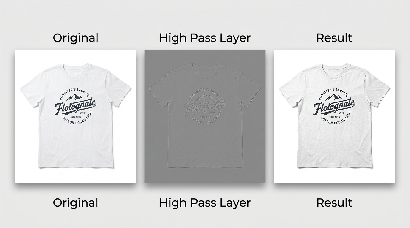 A three-step infographic detailing the high pass sharpening process: duplicate layer, high pass filter, and overlay blending mode.