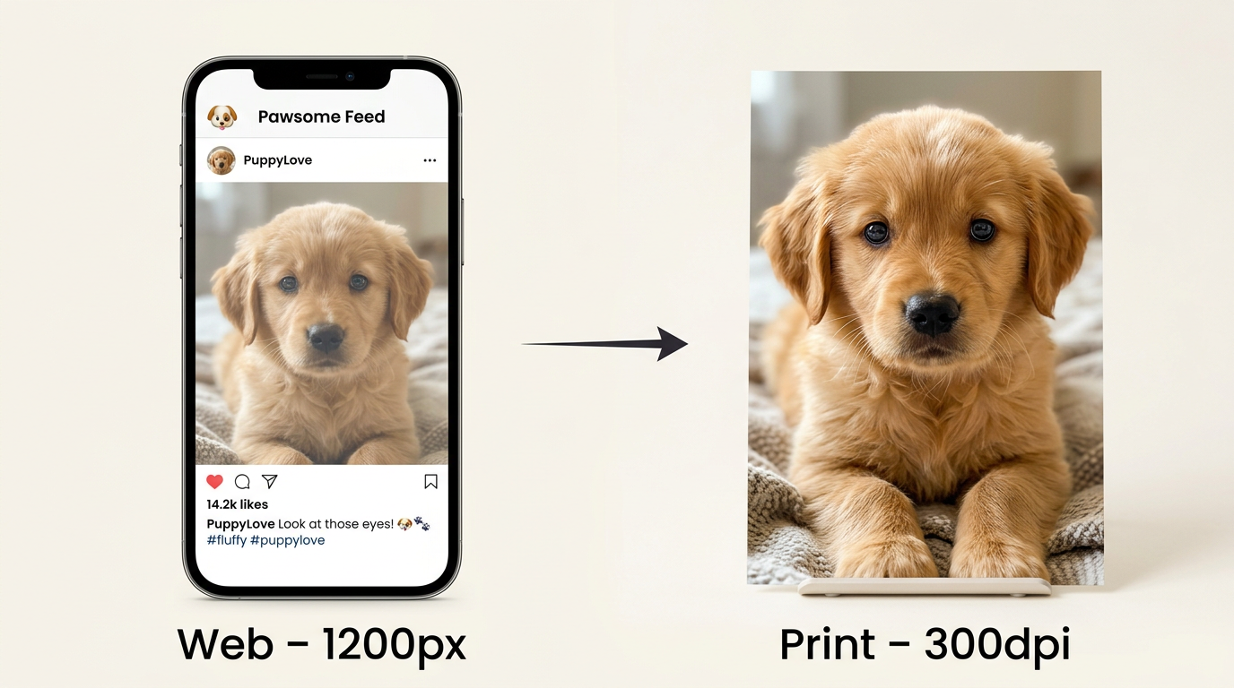 A smartphone showing a puppy image for web at 1200px, compared to a high-resolution print.