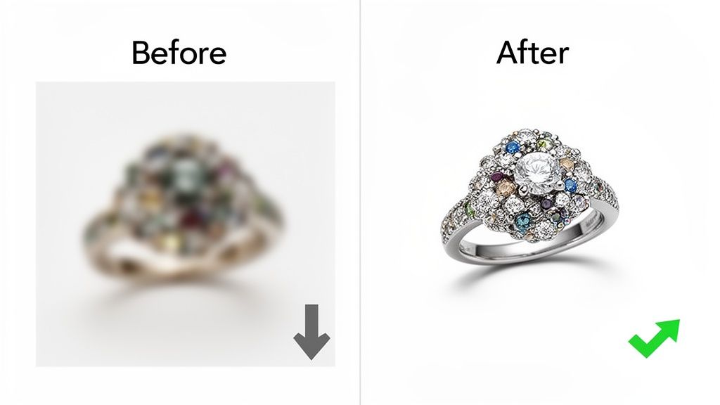 Side-by-side comparison of a blurry diamond ring before and a sharp, detailed ring after image sharpening.