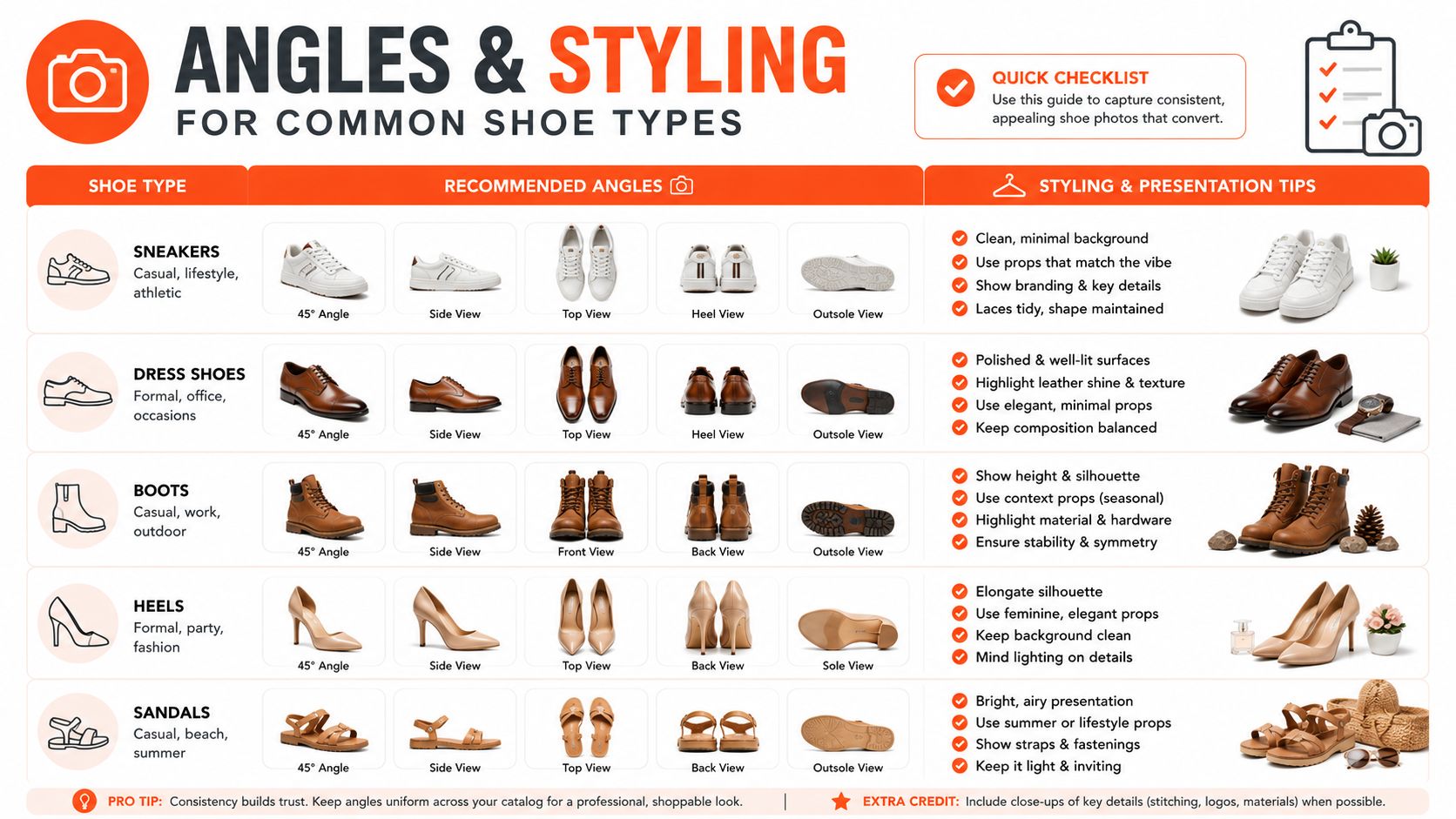 An infographic chart displaying recommended photography angles and styling tips for various common shoe types.