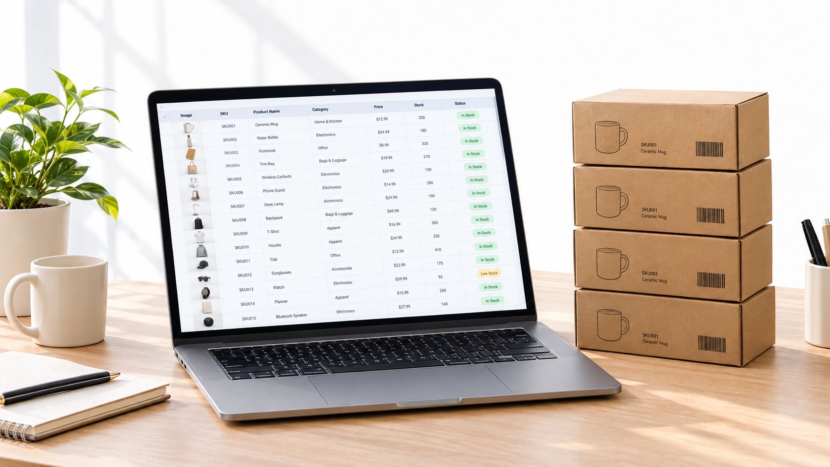 A laptop screen displaying an inventory management dashboard with boxes of products on a wooden desk.