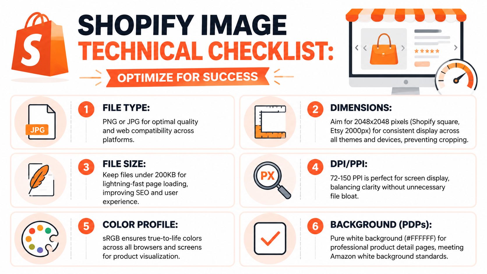 An infographic titled Shopify Image Technical Checklist providing six essential tips for optimizing product photography for ecommerce.