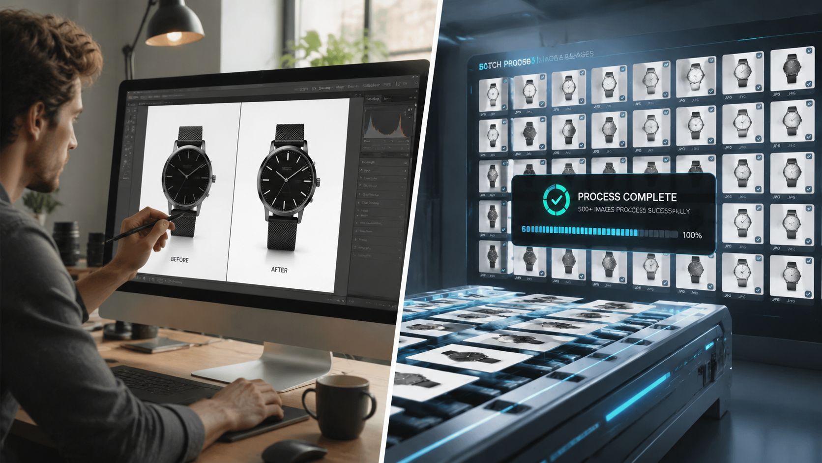 A professional photo editor working on product images of wristwatches for an e-commerce website.