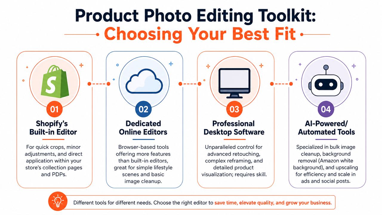 An infographic titled Product Photo Editing Toolkit showing four categories of tools for editing e-commerce product photos.