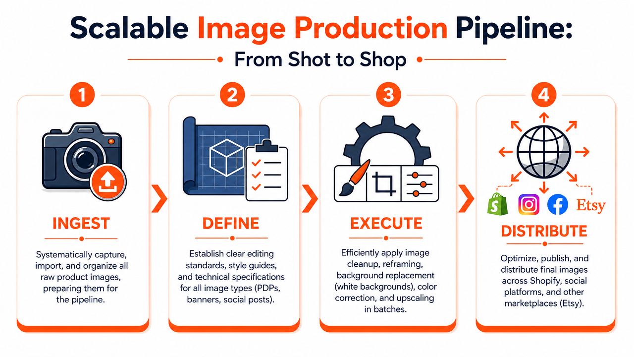 A four-step infographic illustrating a scalable image production pipeline from initial capture to final distribution.