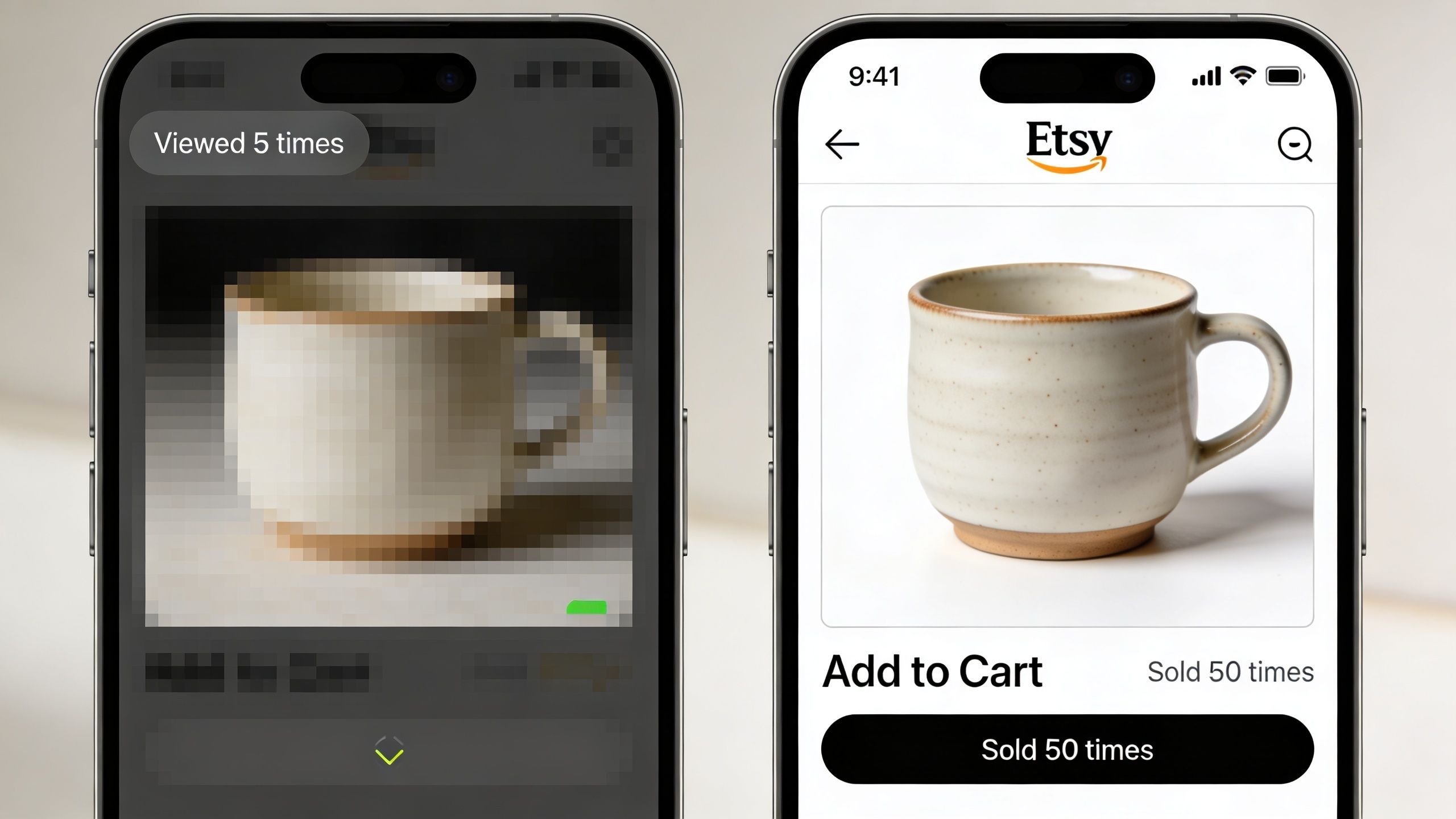 Two smartphones side by side showing Etsy product listings with a ceramic mug featured on both screens.